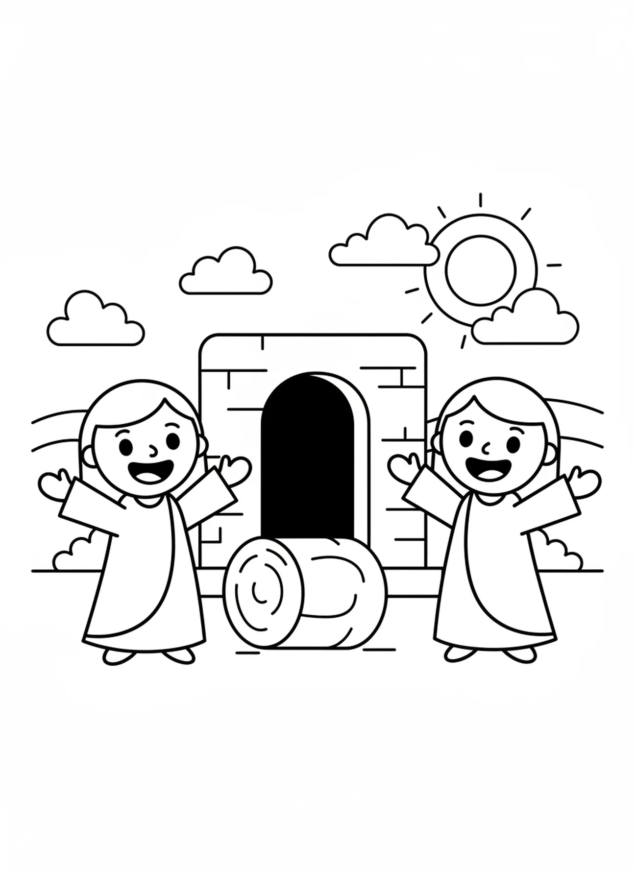 Dwie uśmiechnięte kobiety, kolorowanka He Is Risen Indeed dla przedszkolaków w wieku 3-5 lat