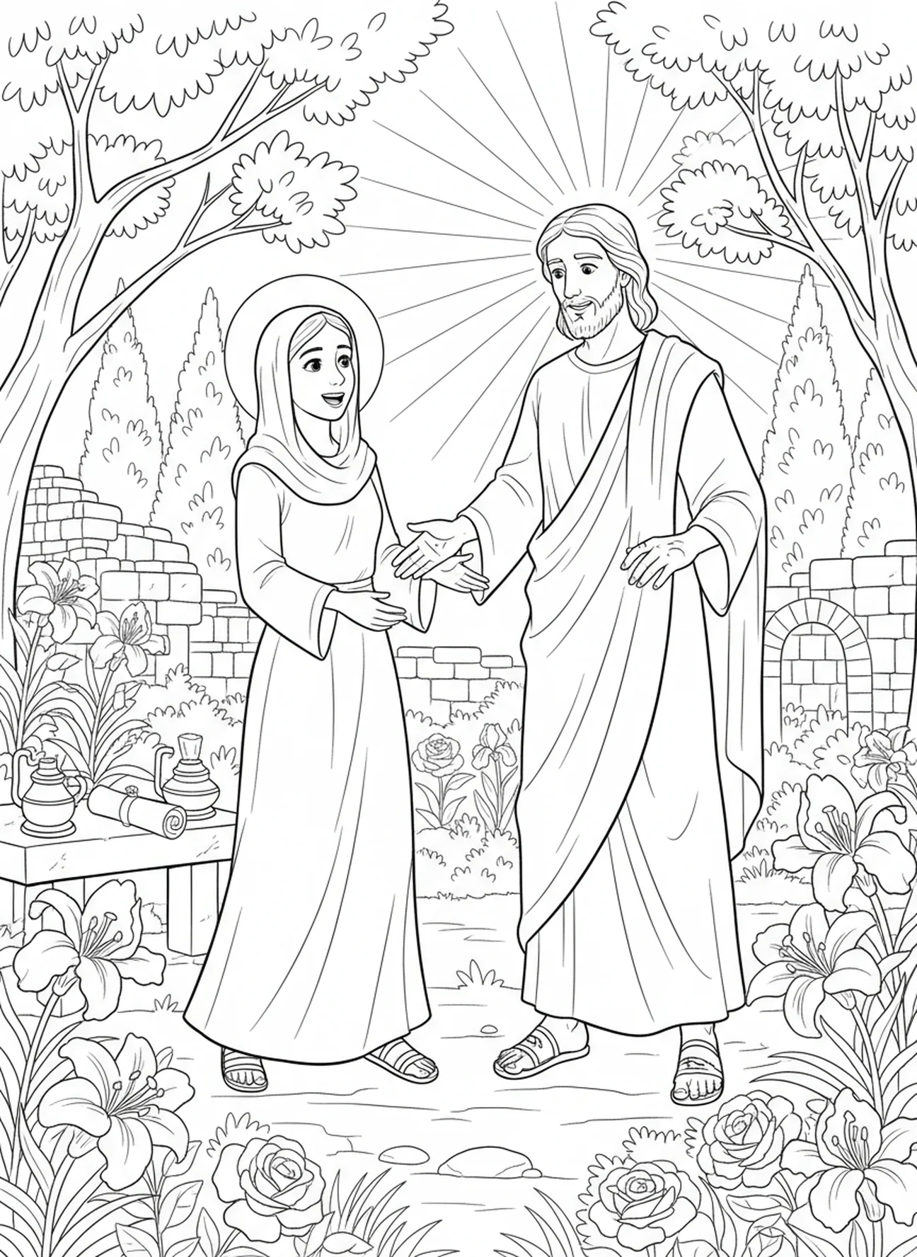 Maria encontrando Jesus no jardim, Ele realmente ressuscitou página para colorir para crianças da Escola Dominical de 5 a 12 anos