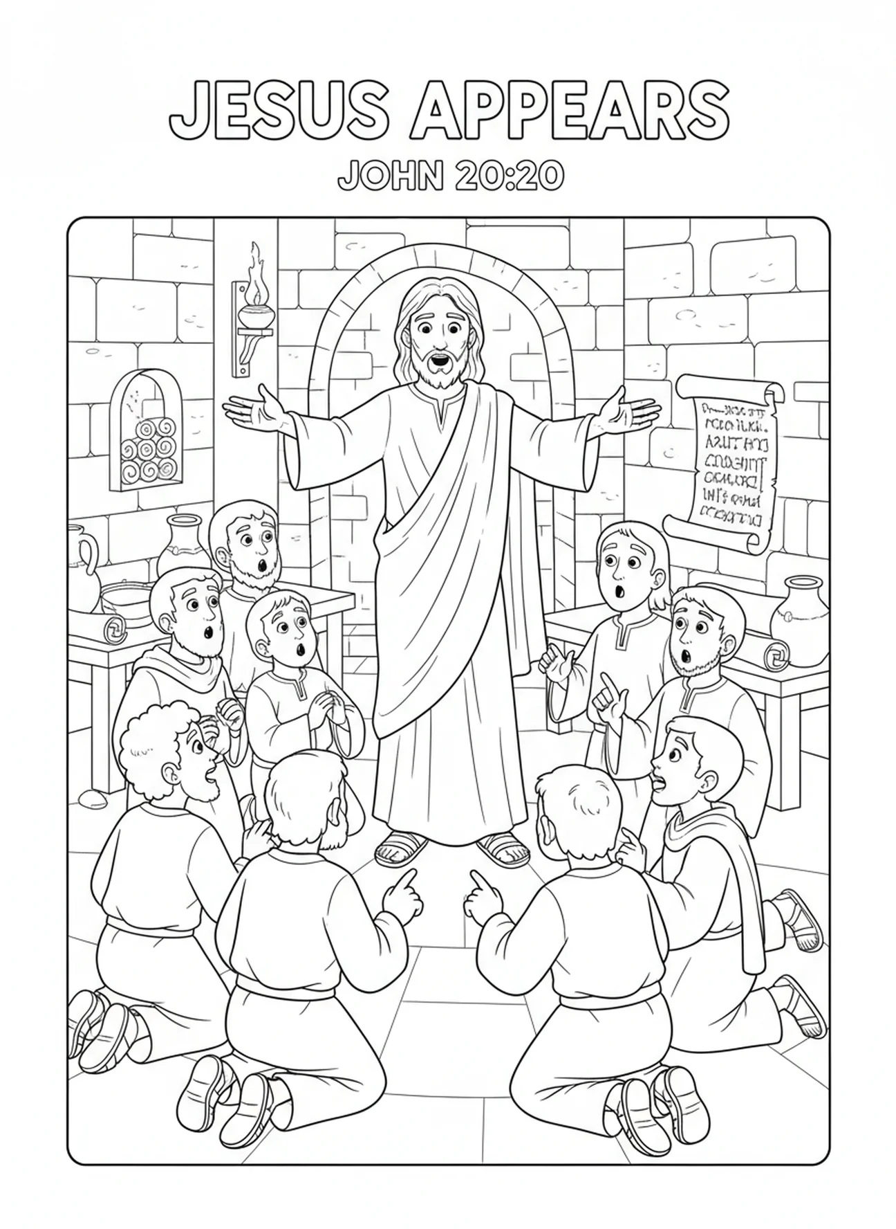Jesus mostrando suas mãos aos discípulos, página de colorir Ele de fato Ressuscitou para crianças da Escola Dominical de 5 a 12 anos