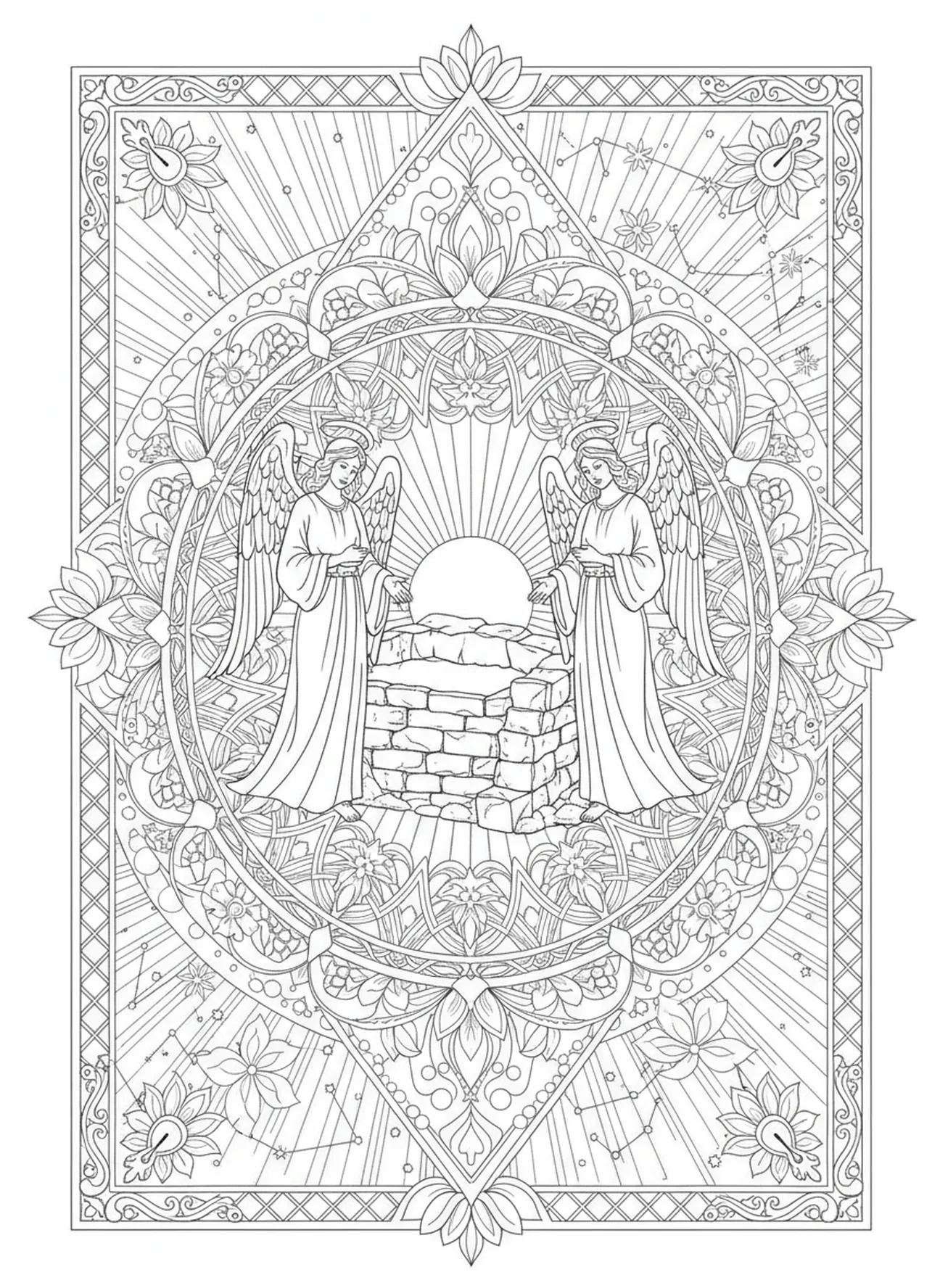Dwaj aniołowie obok pustego grobu, kolorowanka He Is Risen w stylu dziennika biblijnego dla dorosłych.