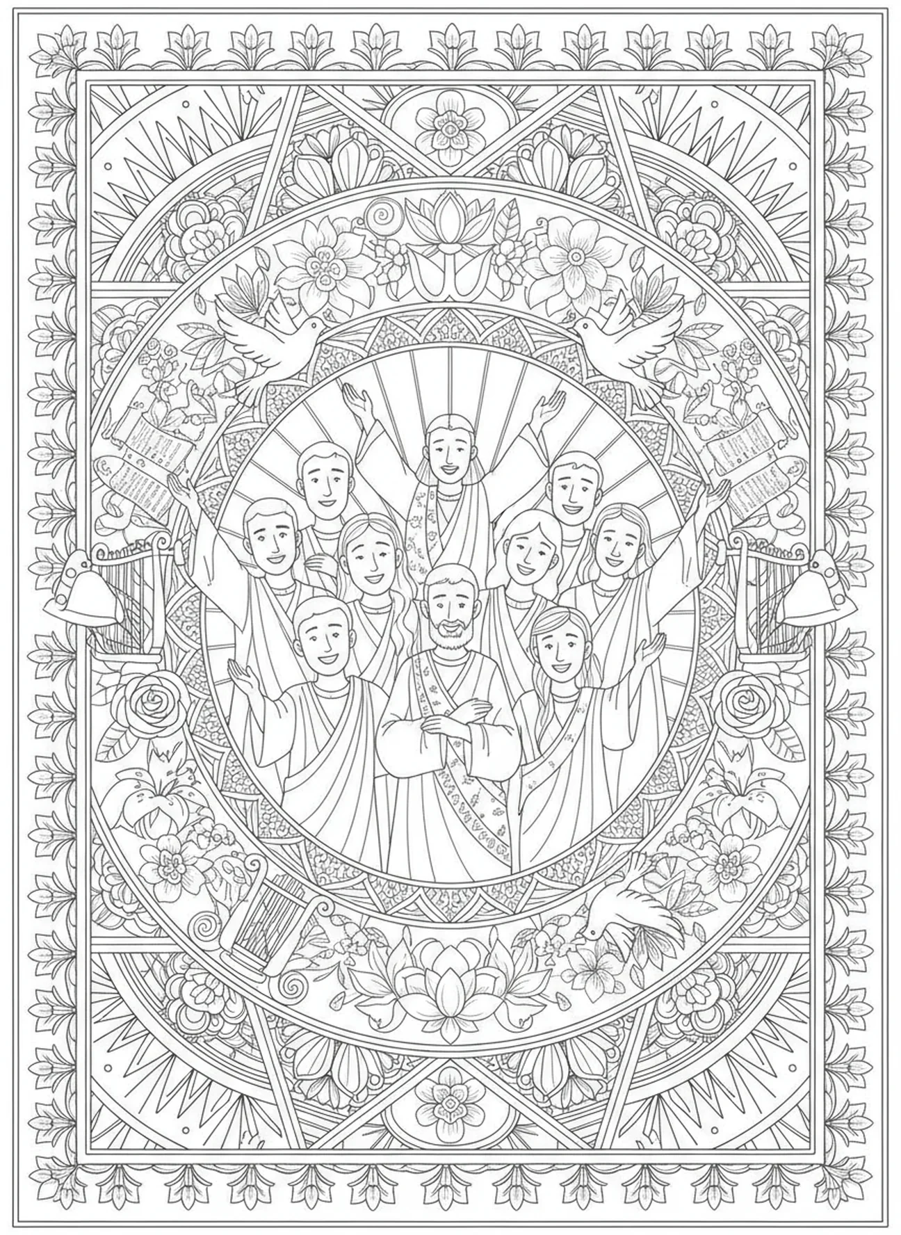 Uczniowie radośnie razem, kolorowanka He Is Risen w stylu dziennika biblijnego dla dorosłych.