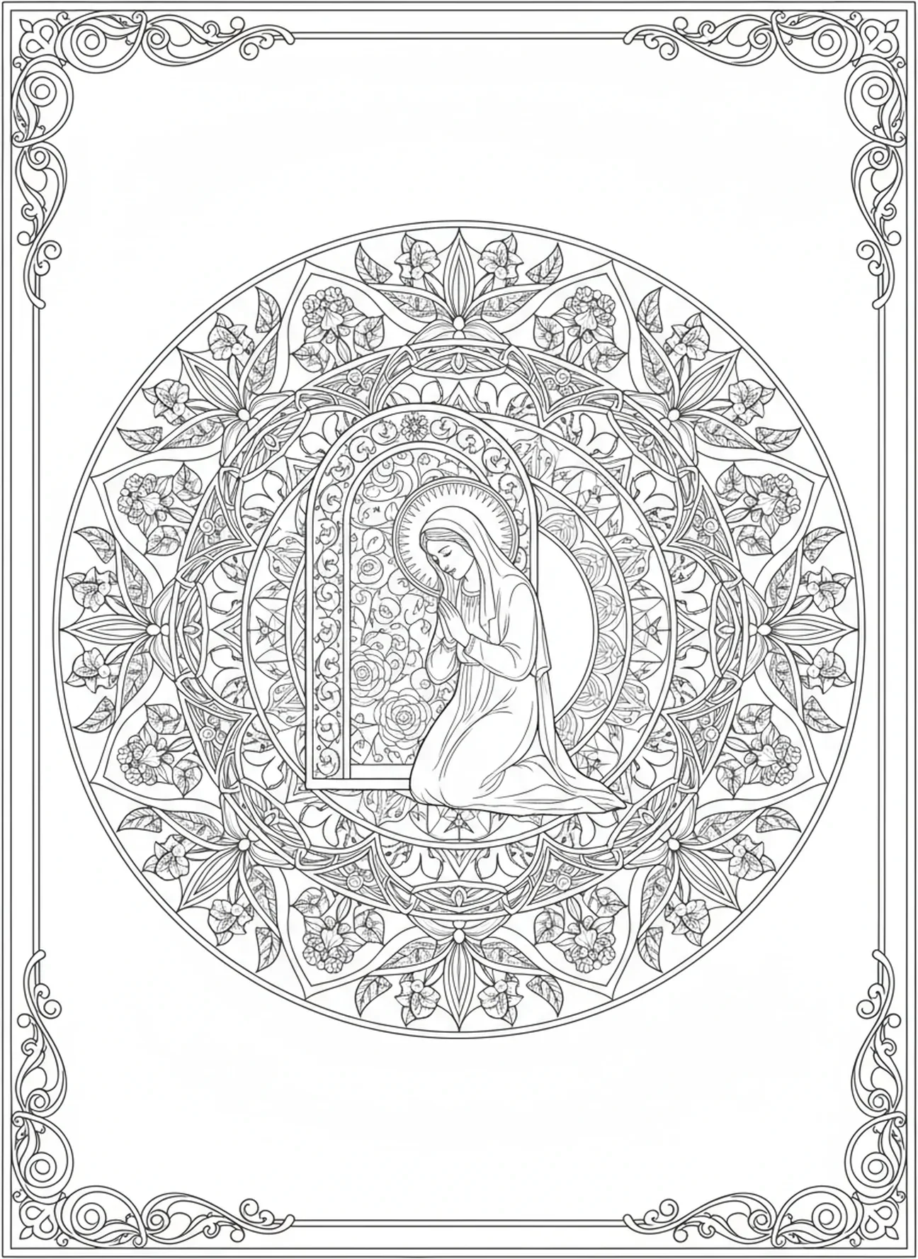 Maria Magdalena klęczy przy pustym grobie, kolorowanka dla dorosłych w stylu dziennika biblijnego.