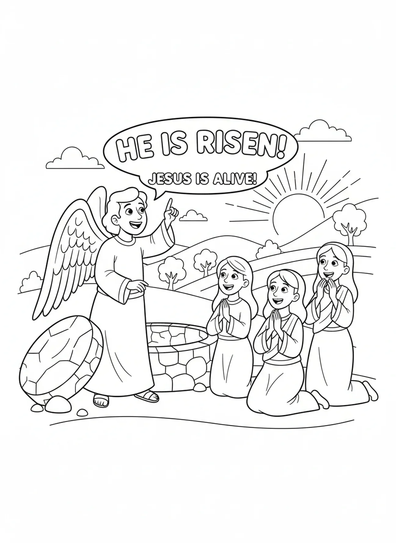 Ange avec des ailes à côté du tombeau ouvert, page à colorier Il est ressuscité pour les enfants de 5 à 10 ans