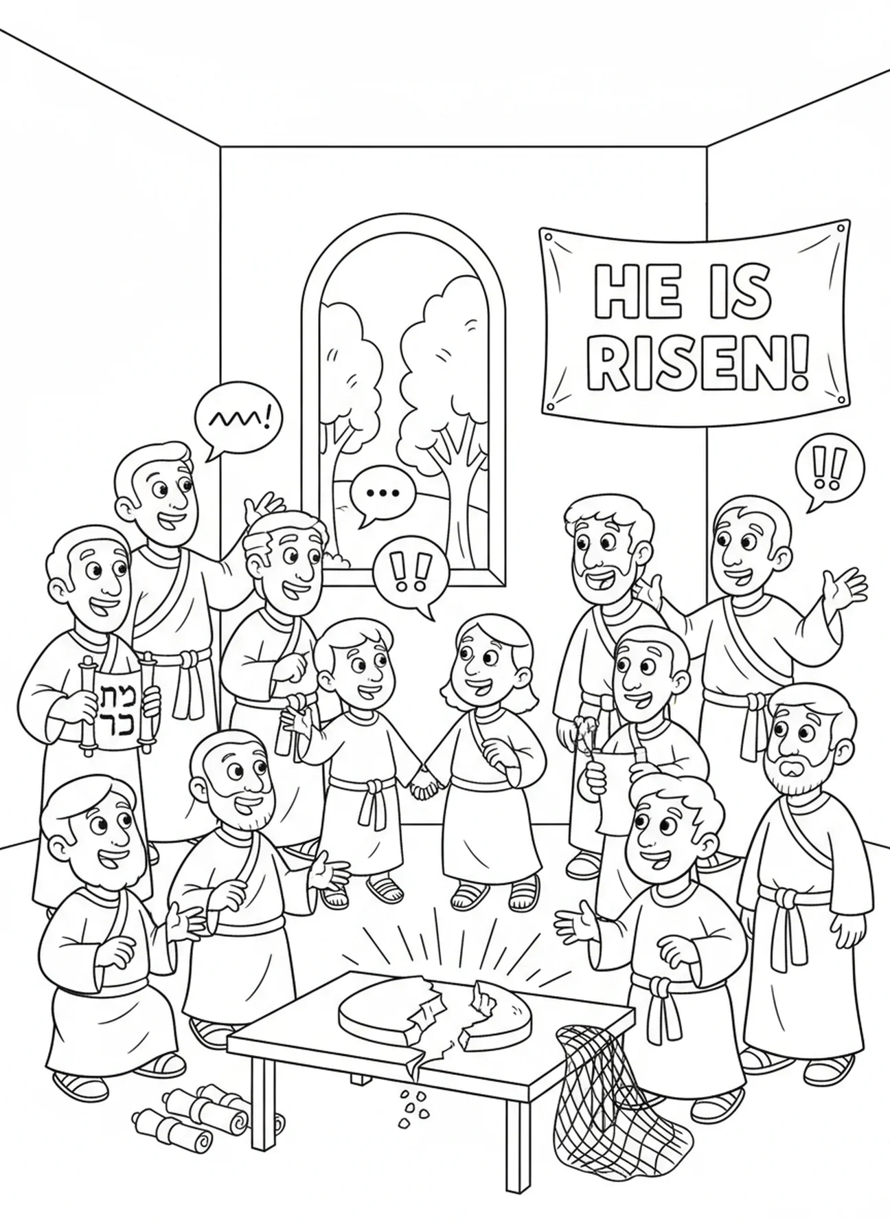 Disciples rassemblés en discussion animée, page à colorier Il est ressuscité pour enfants de 5 à 10 ans