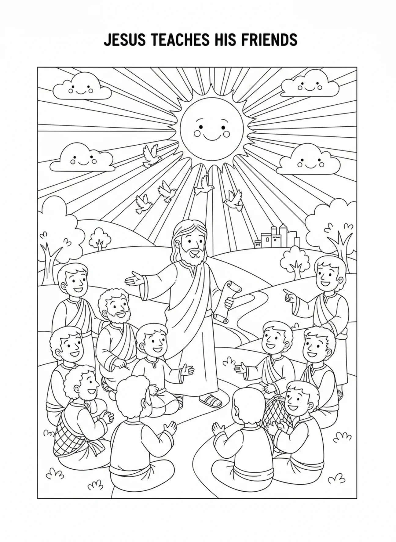 Jésus instruisant ses disciples sur une colline, page à colorier Il est ressuscité pour les enfants de 5 à 10 ans