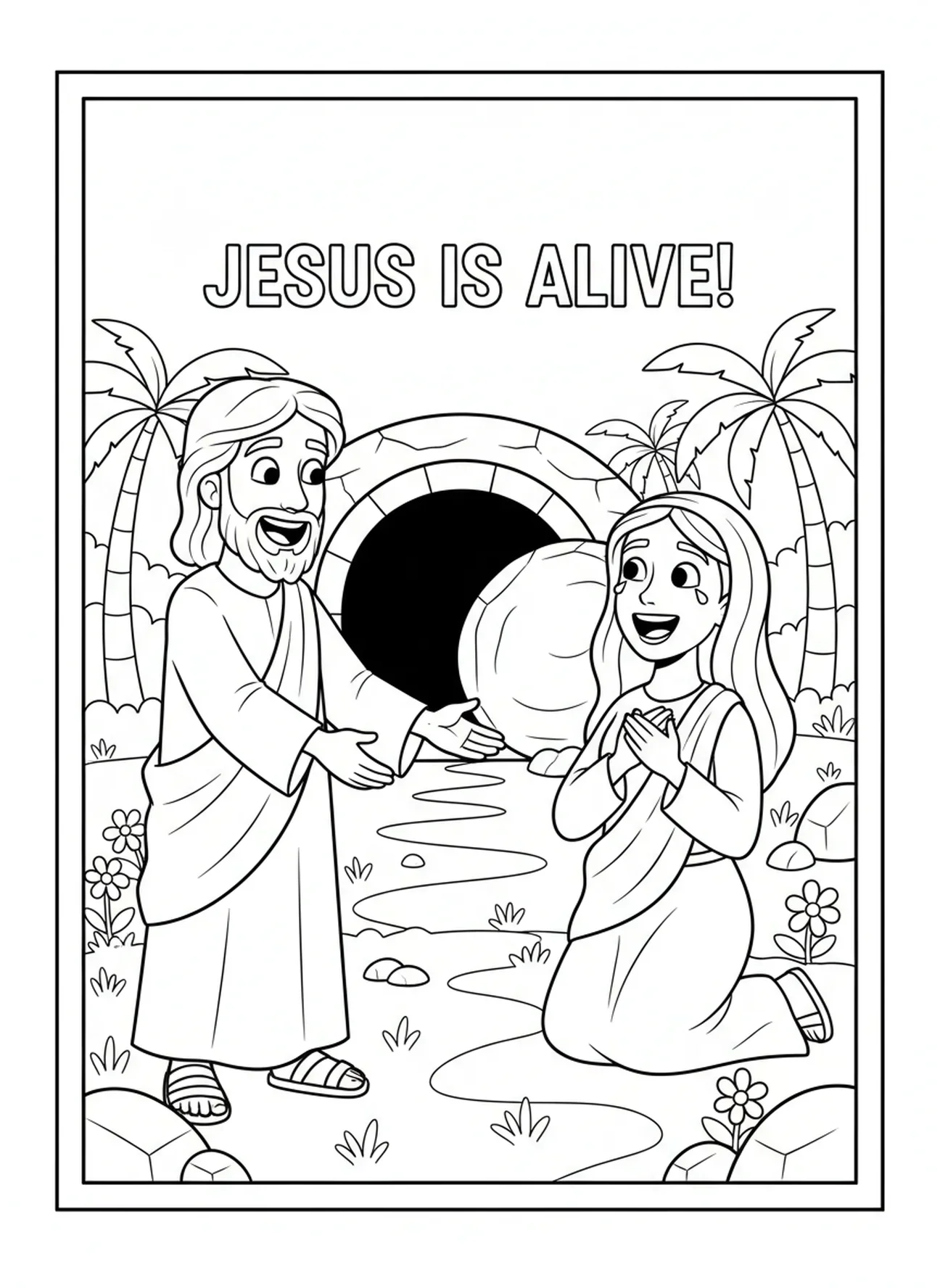 Jésus apparaissant à Marie Madeleine, page à colorier Il est ressuscité pour les enfants de 5 à 10 ans