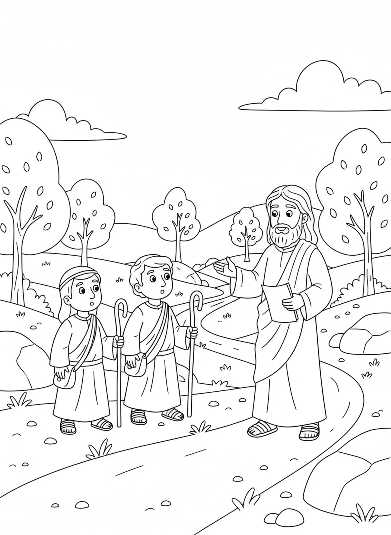 Deux disciples rencontrant Jésus sur le chemin, page à colorier Il est ressuscité pour les enfants de 5 à 10 ans