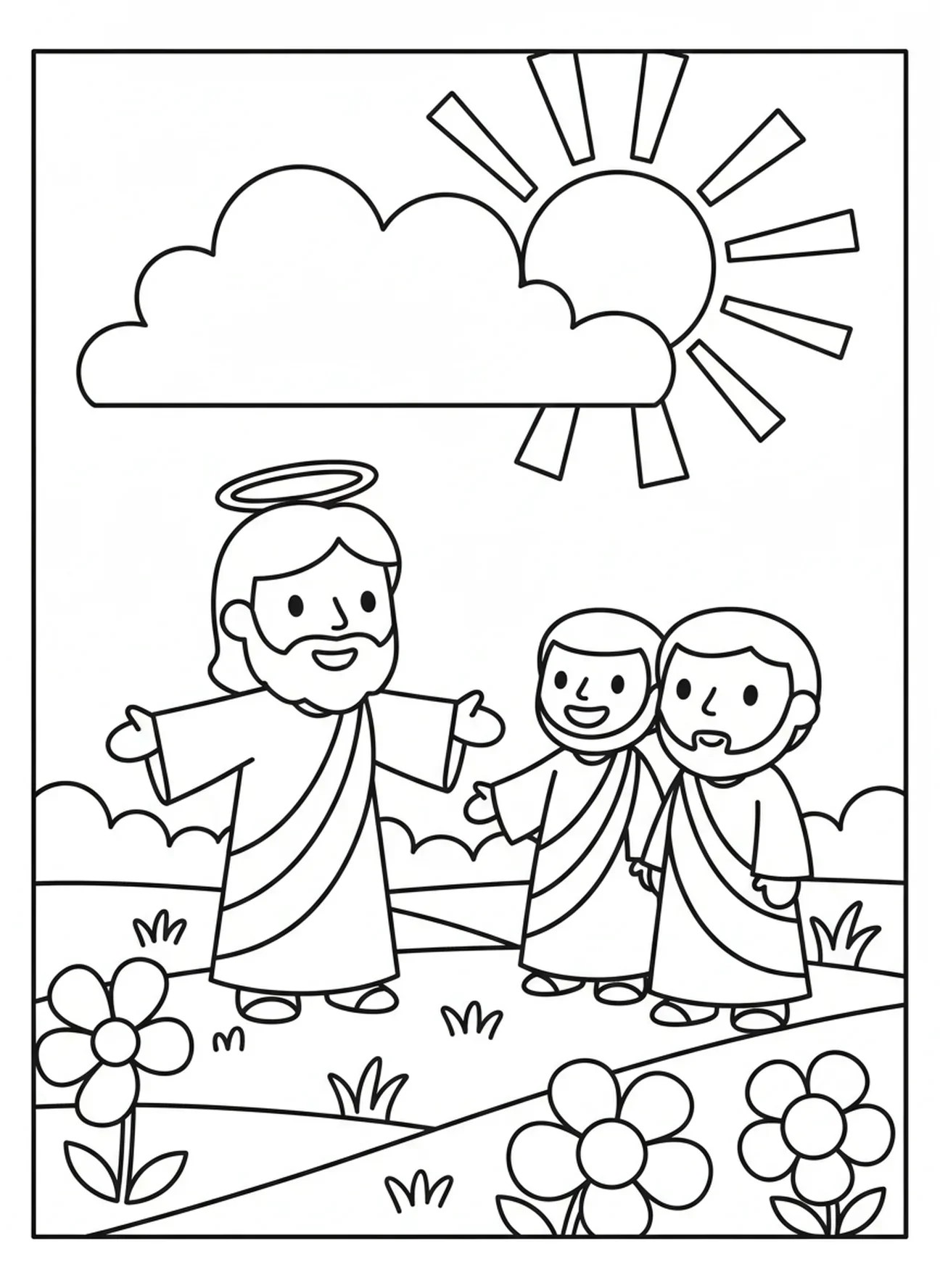 Jesus sorridente instruindo, página de colorir Ele Ressuscitou para crianças de 3 a 5 anos