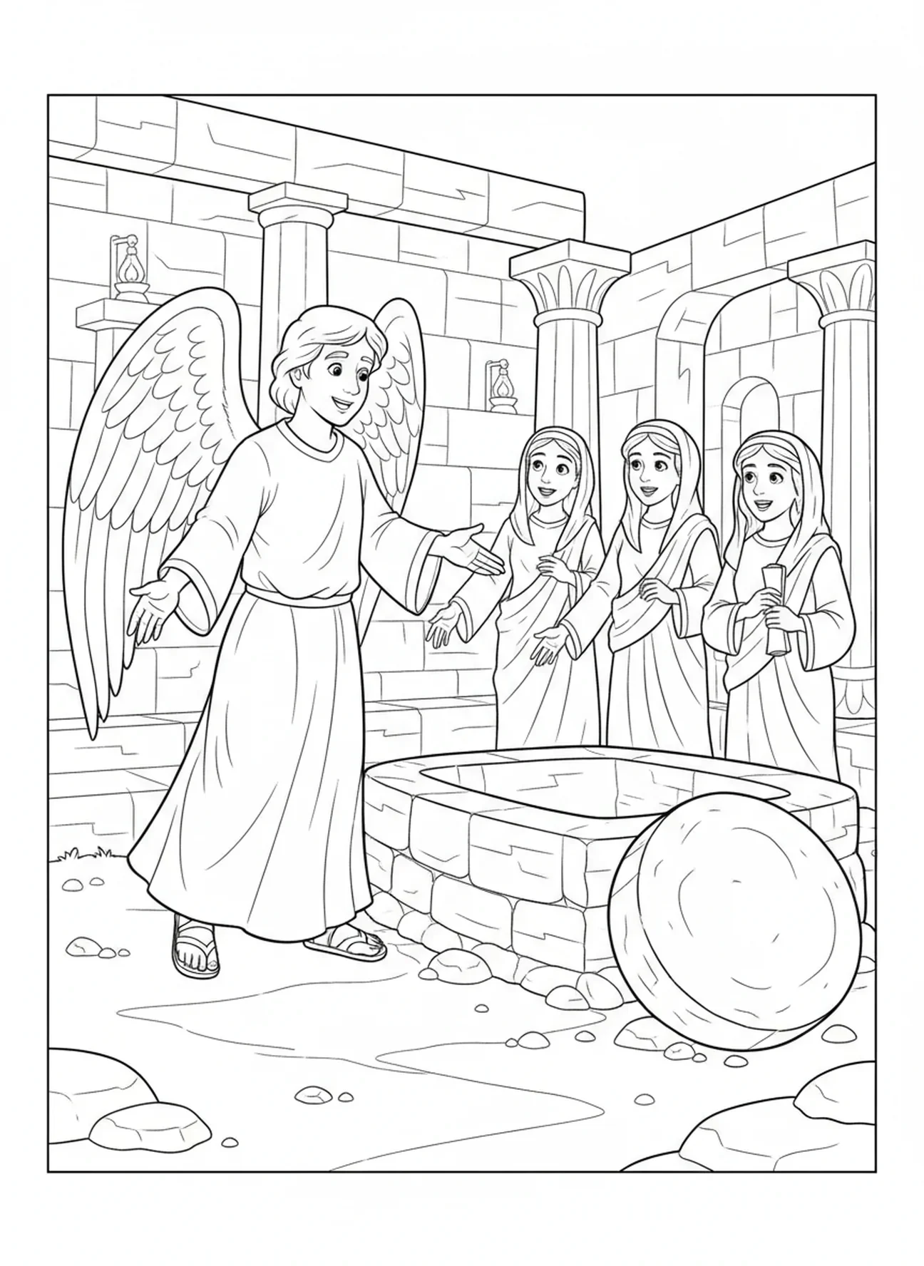 Ángel con alas, página para colorear Él Ha Resucitado para niños de Escuela Dominical de 5 a 12 años.