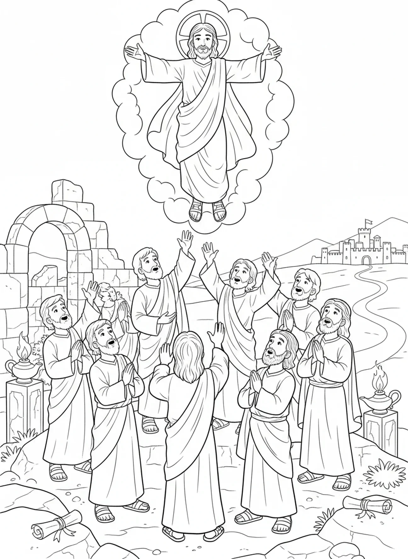 Jesús ascendiendo a las nubes, página para colorear Él ha resucitado para niños de la Escuela Dominical de 5 a 12 años.
