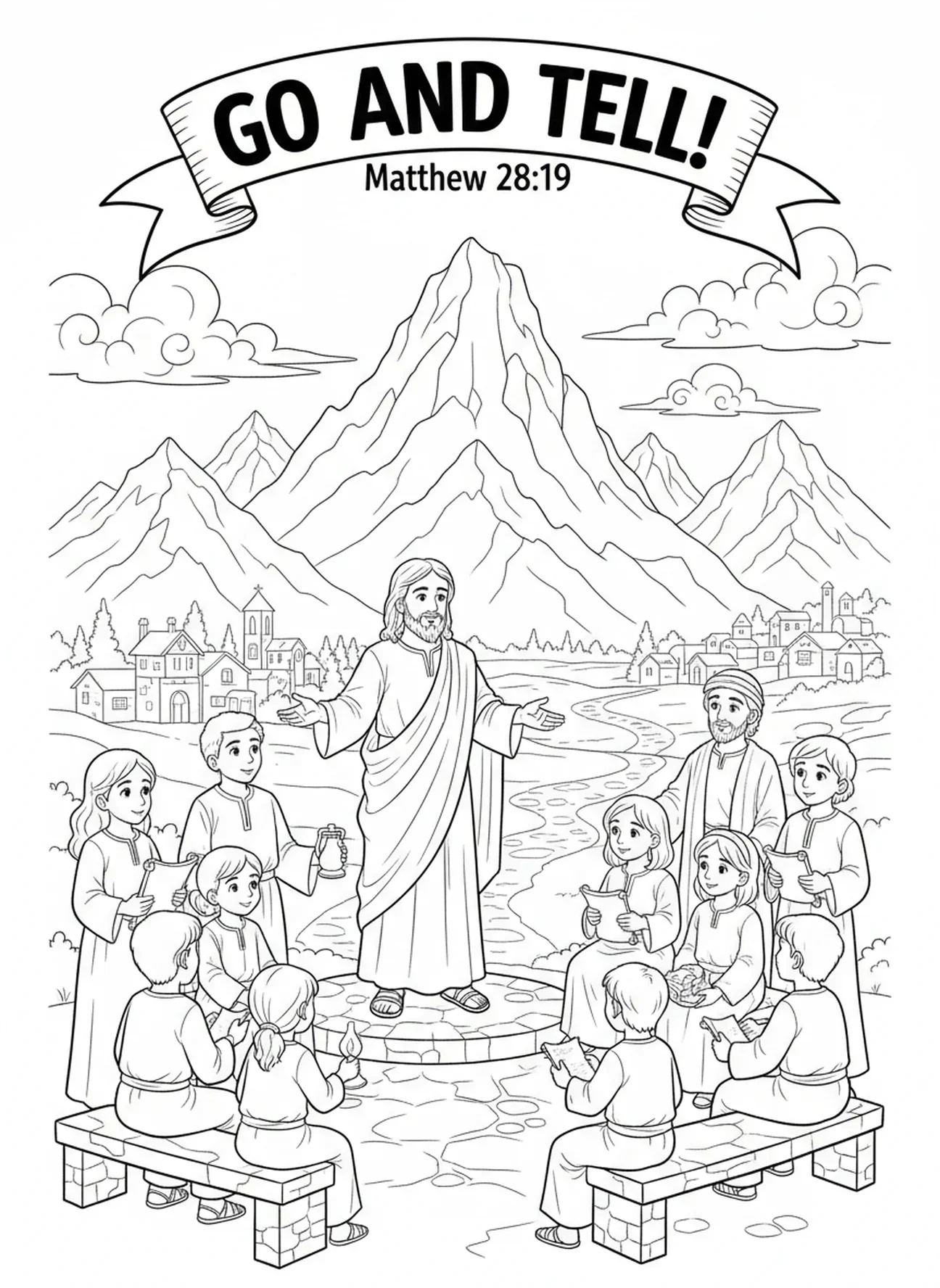 Jesús instruyendo a los discípulos, página para colorear Él Ha Resucitado para niños de Escuela Dominical de 5 a 12 años.
