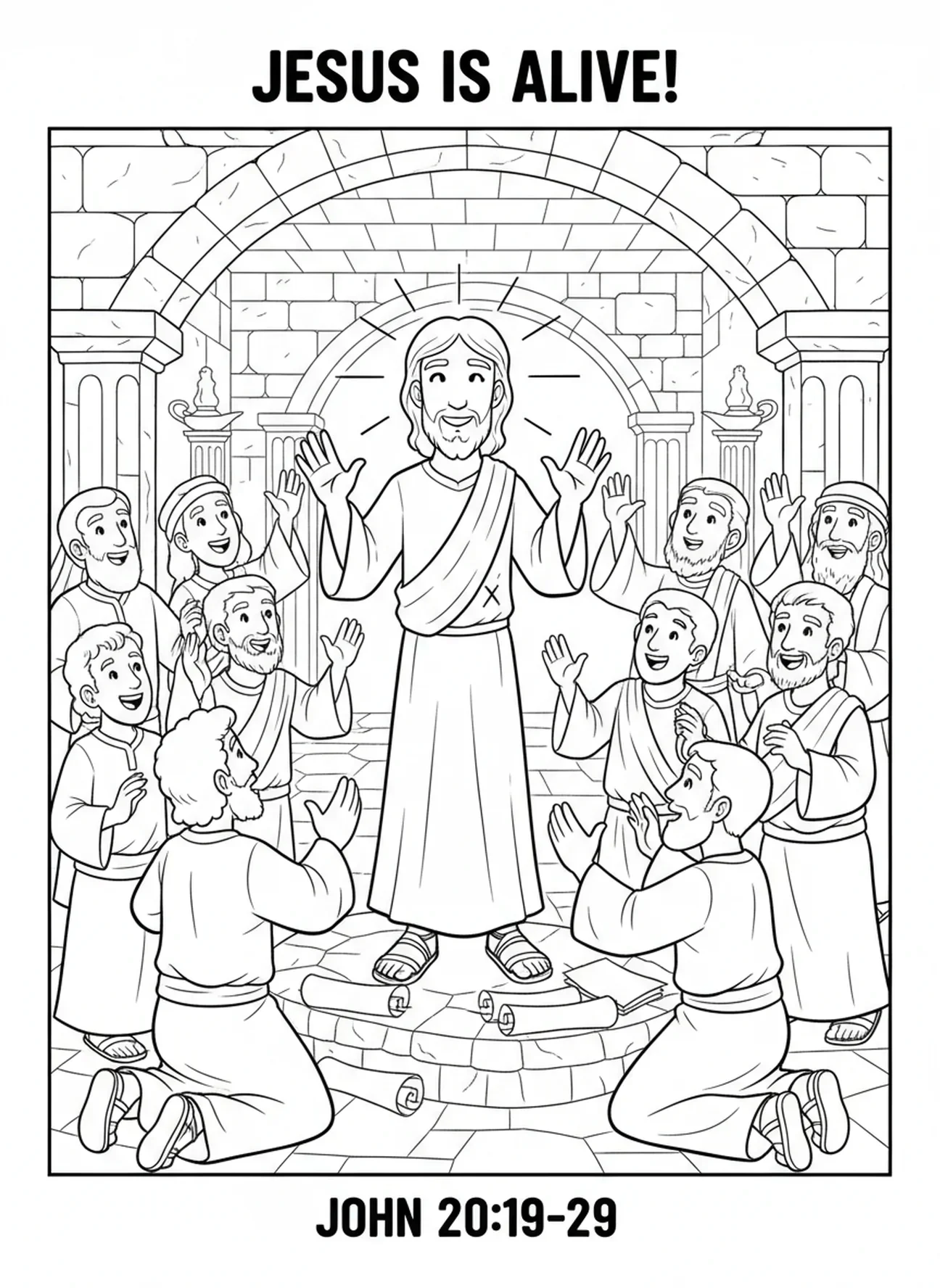Jesús mostrando sus manos, página para colorear 'Él ha resucitado' para niños de Escuela Dominical de 5 a 12 años.
