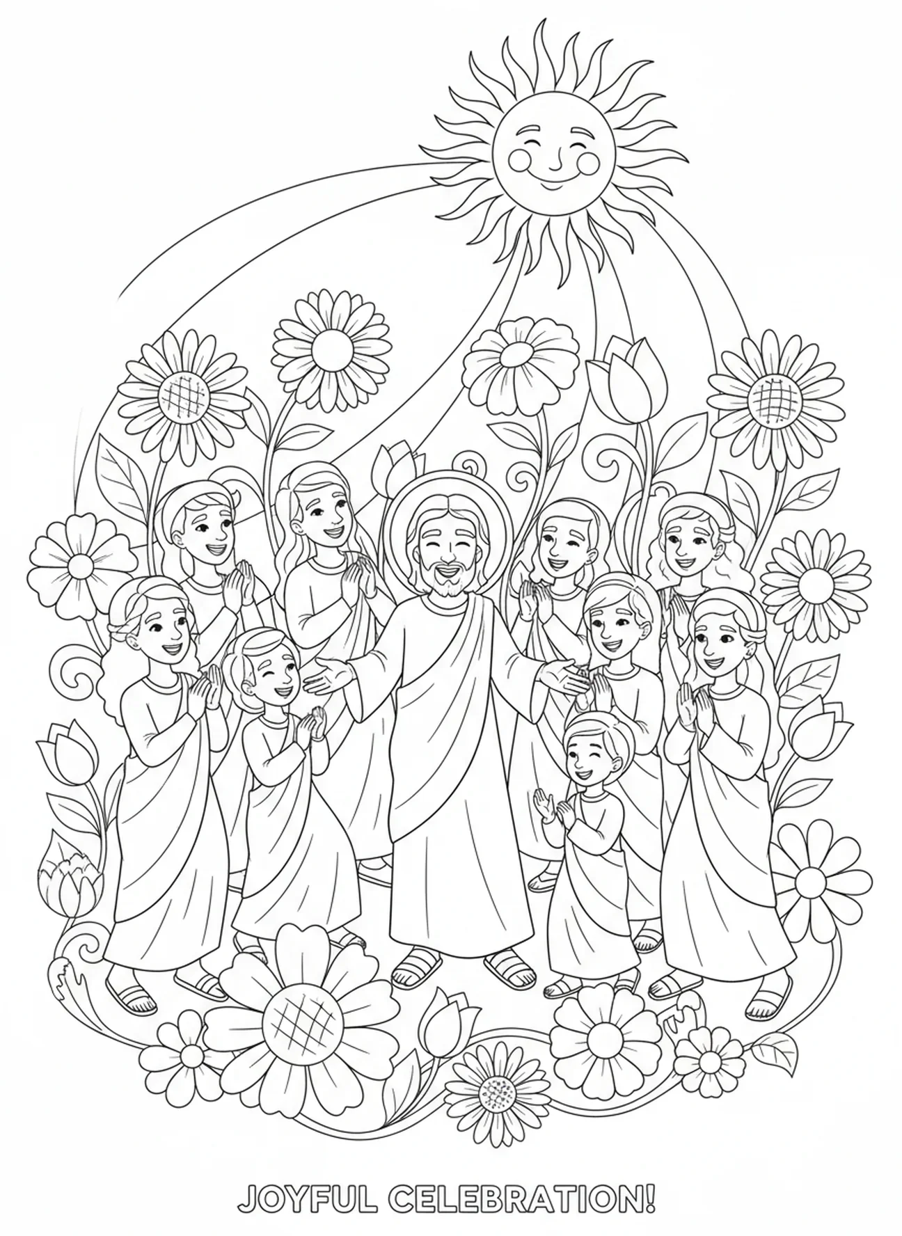 Cena de celebração, página para colorir sobre Jesus Sepultado para crianças de 5 a 10 anos
