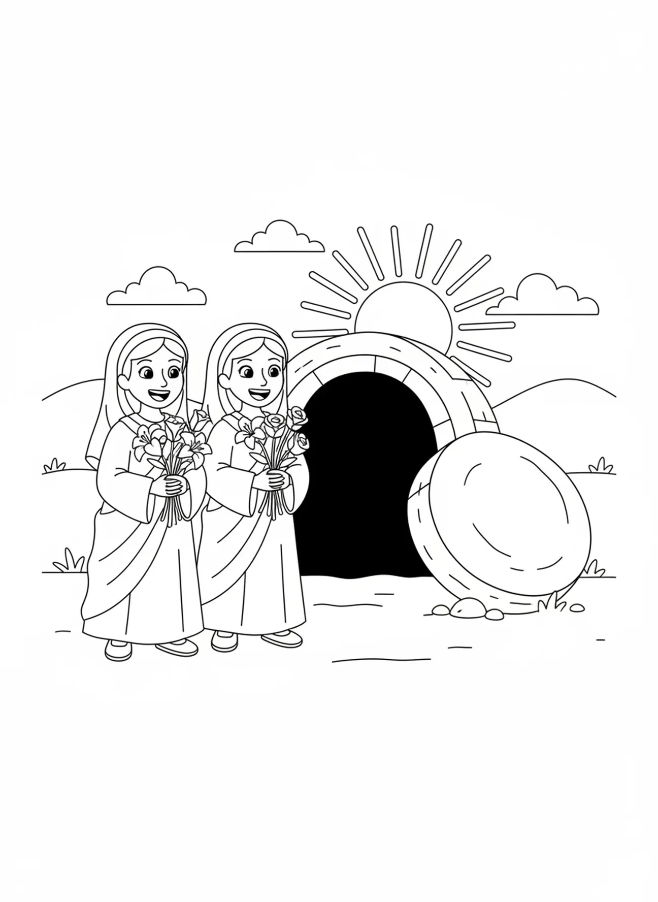 Duas mulheres surpresas, página para colorir sobre Jesus Sepultado para crianças de 5 a 10 anos