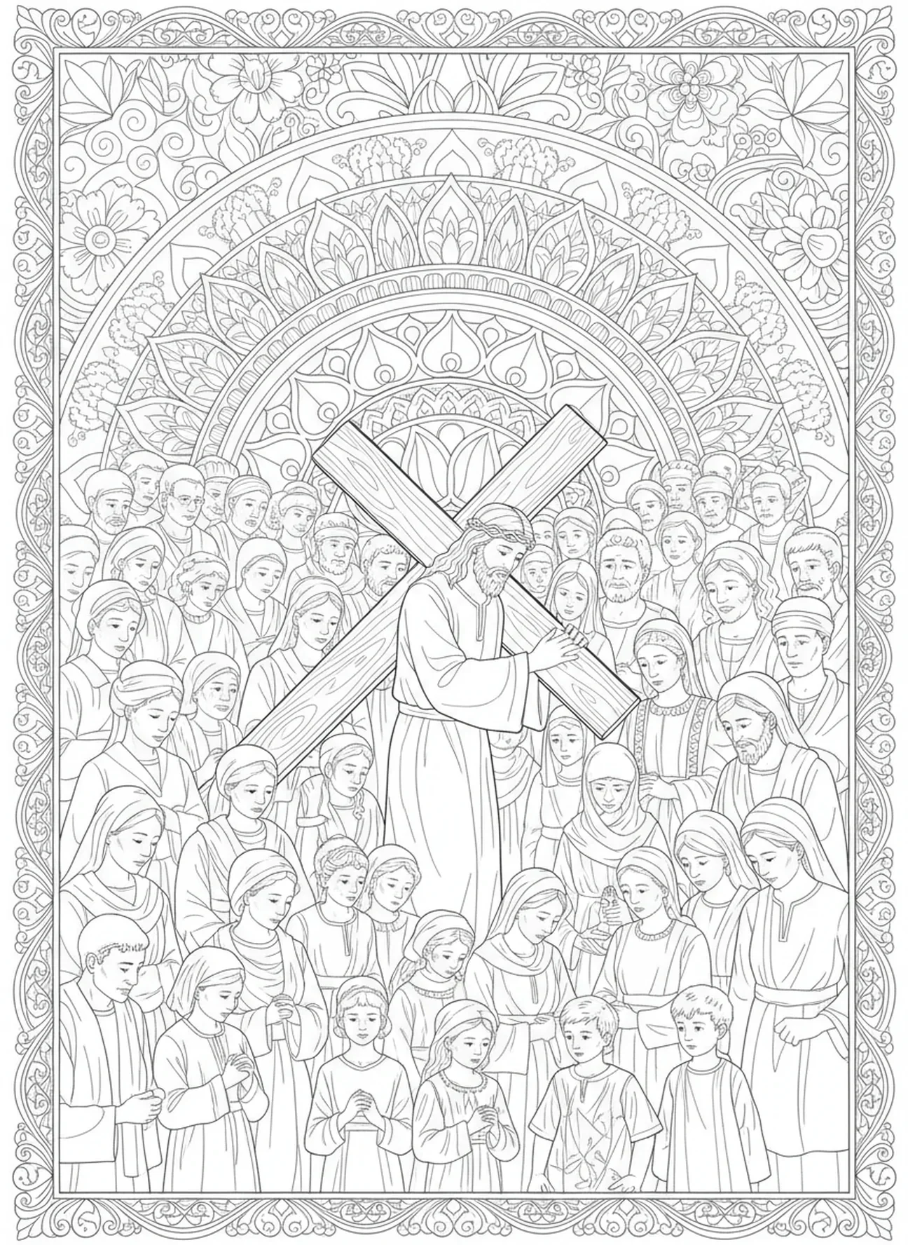 Foule observant Jésus, page à colorier Jésus portant la croix dans un style de journal biblique pour adultes.