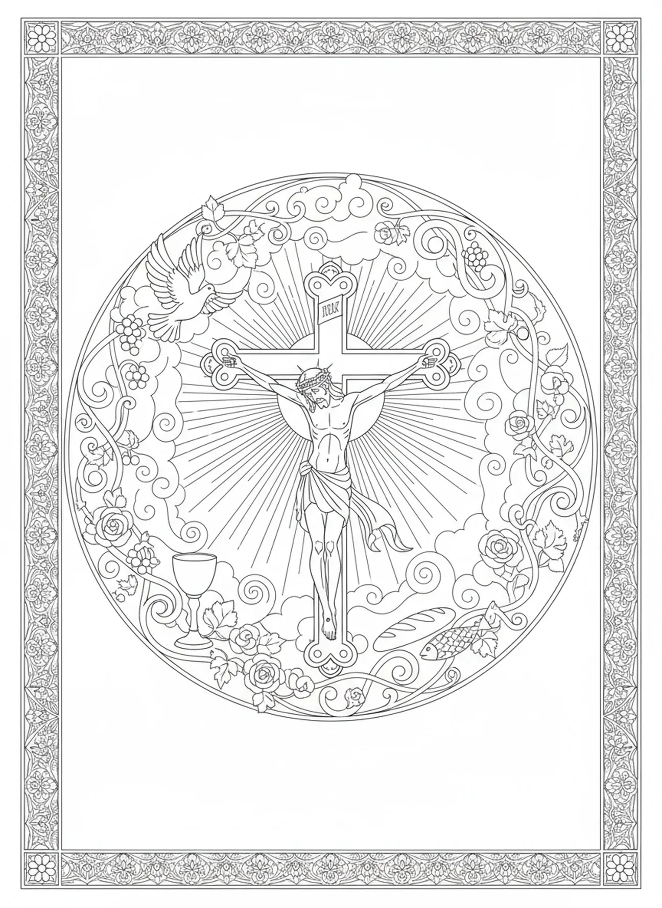Jésus crucifié sur la croix, page à colorier Jésus portant la croix pour adultes dans un style de journal biblique.