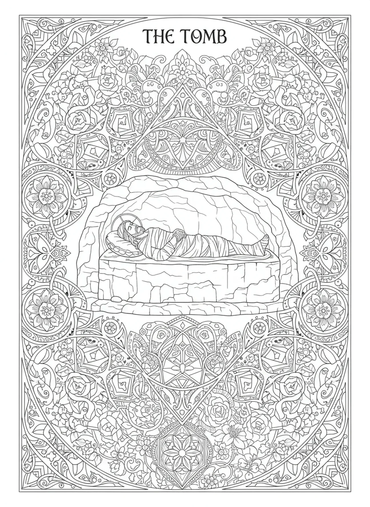 Corps de Jésus dans le tombeau, page à colorier Jésus portant la croix pour adultes dans un style de journal biblique.
