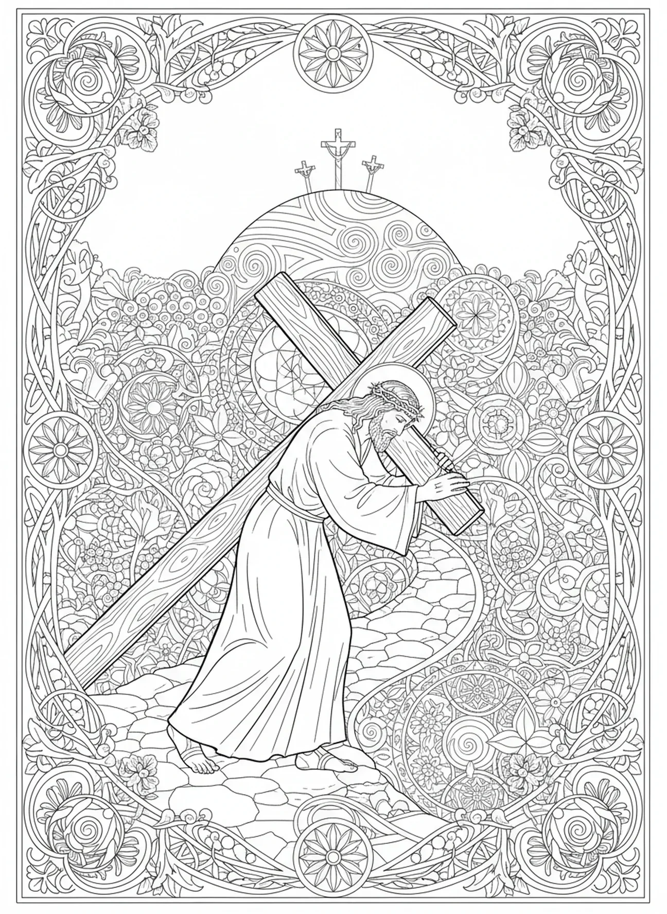 Jésus en route vers Golgotha, page à colorier Jésus portant la croix pour un style de journal biblique destiné aux adultes.