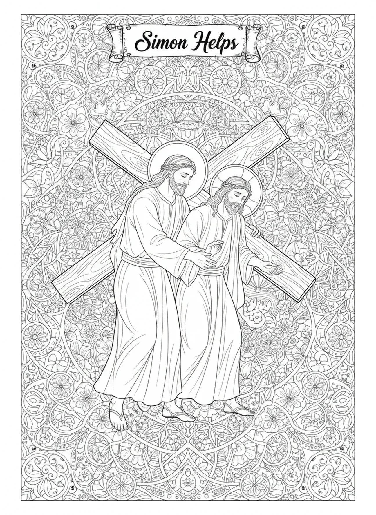 Simon aidant Jésus, page à colorier Jésus portant la croix dans un style de journal biblique pour adultes.