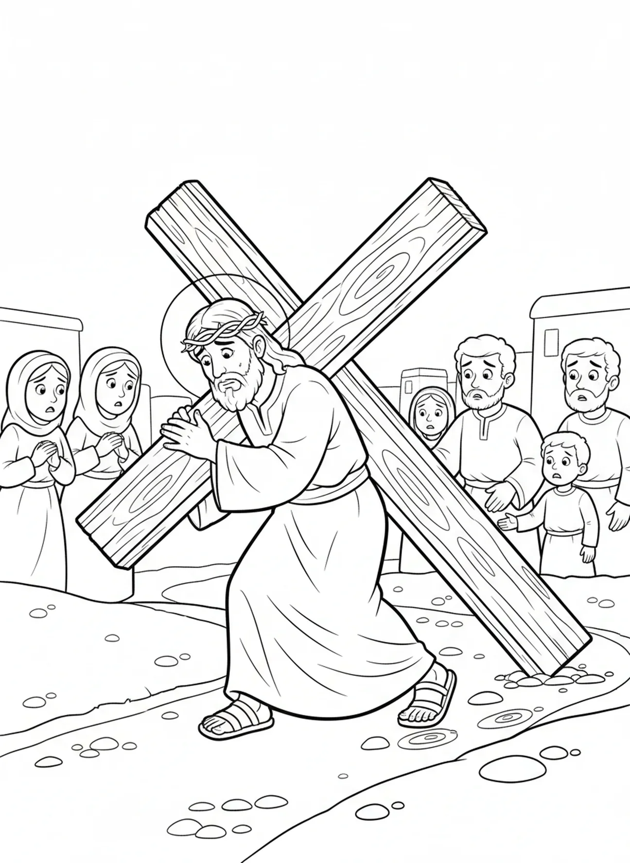 Jesus trägt ein Kreuz, Ausmalbild von Jesus, der das Kreuz trägt, für Kinder im Alter von 5-10 Jahren.