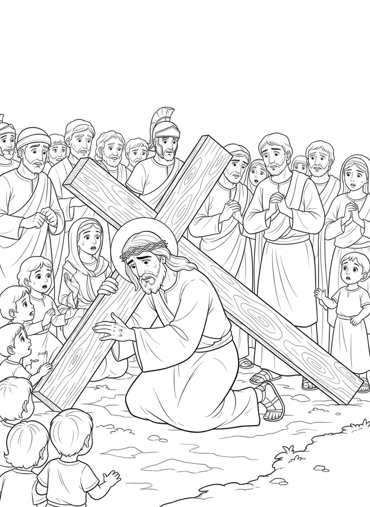 Jesus fällt, Ausmalbild von Jesus, der das Kreuz trägt, für Kinder im Alter von 5-10 Jahren.