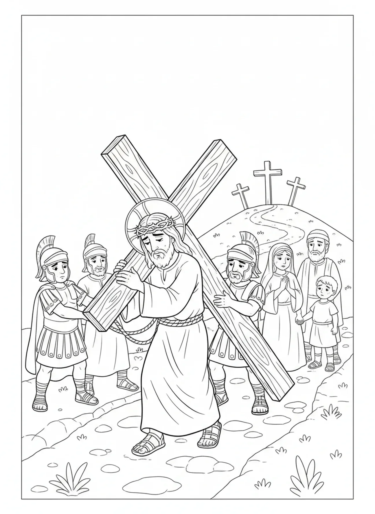 Jesus erreicht Golgatha, Ausmalbild von Jesus, der das Kreuz trägt, für Kinder im Alter von 5-10 Jahren.