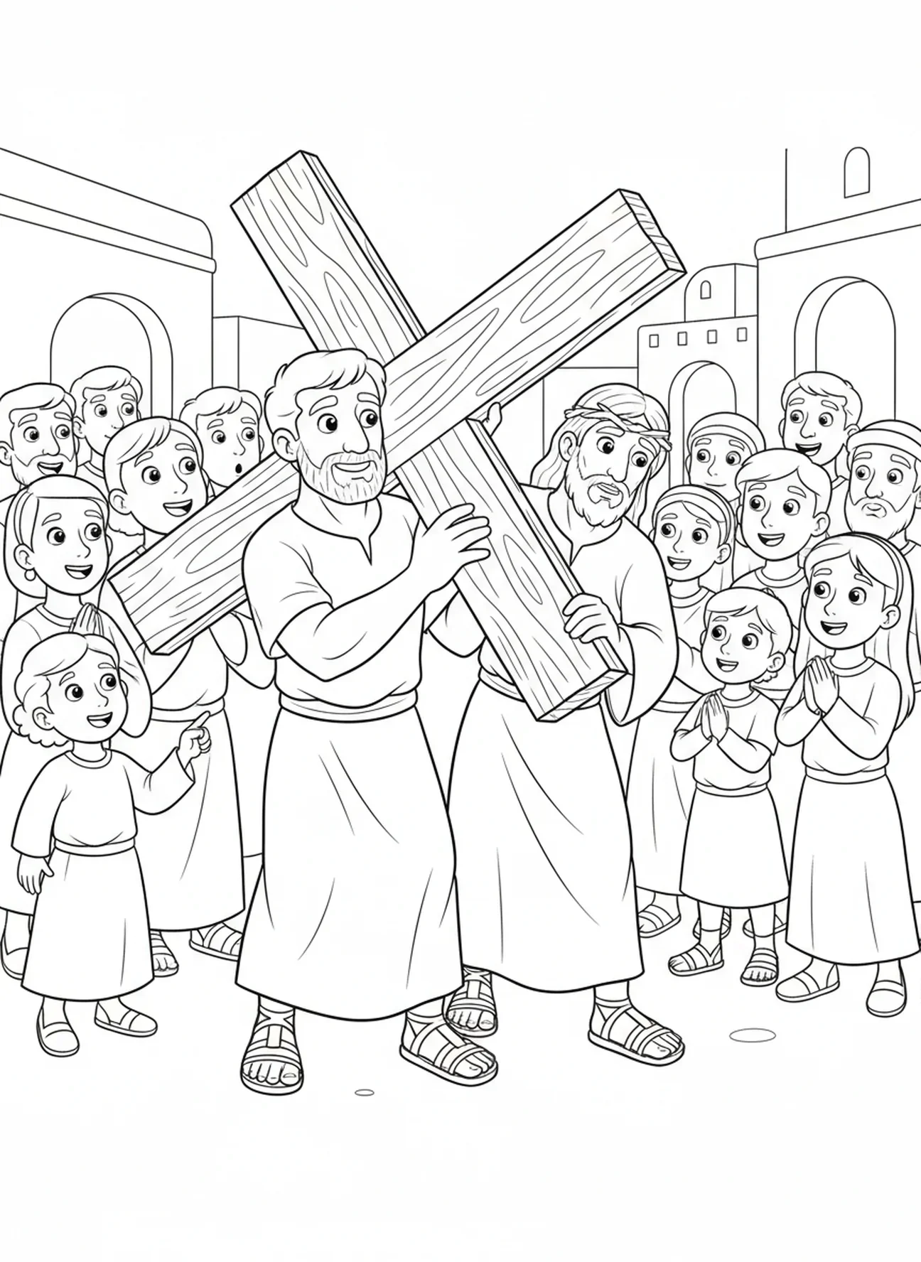 Simon hilft Jesus, Ausmalbild von Jesus, der das Kreuz trägt, für Kinder im Alter von 5-10 Jahren.