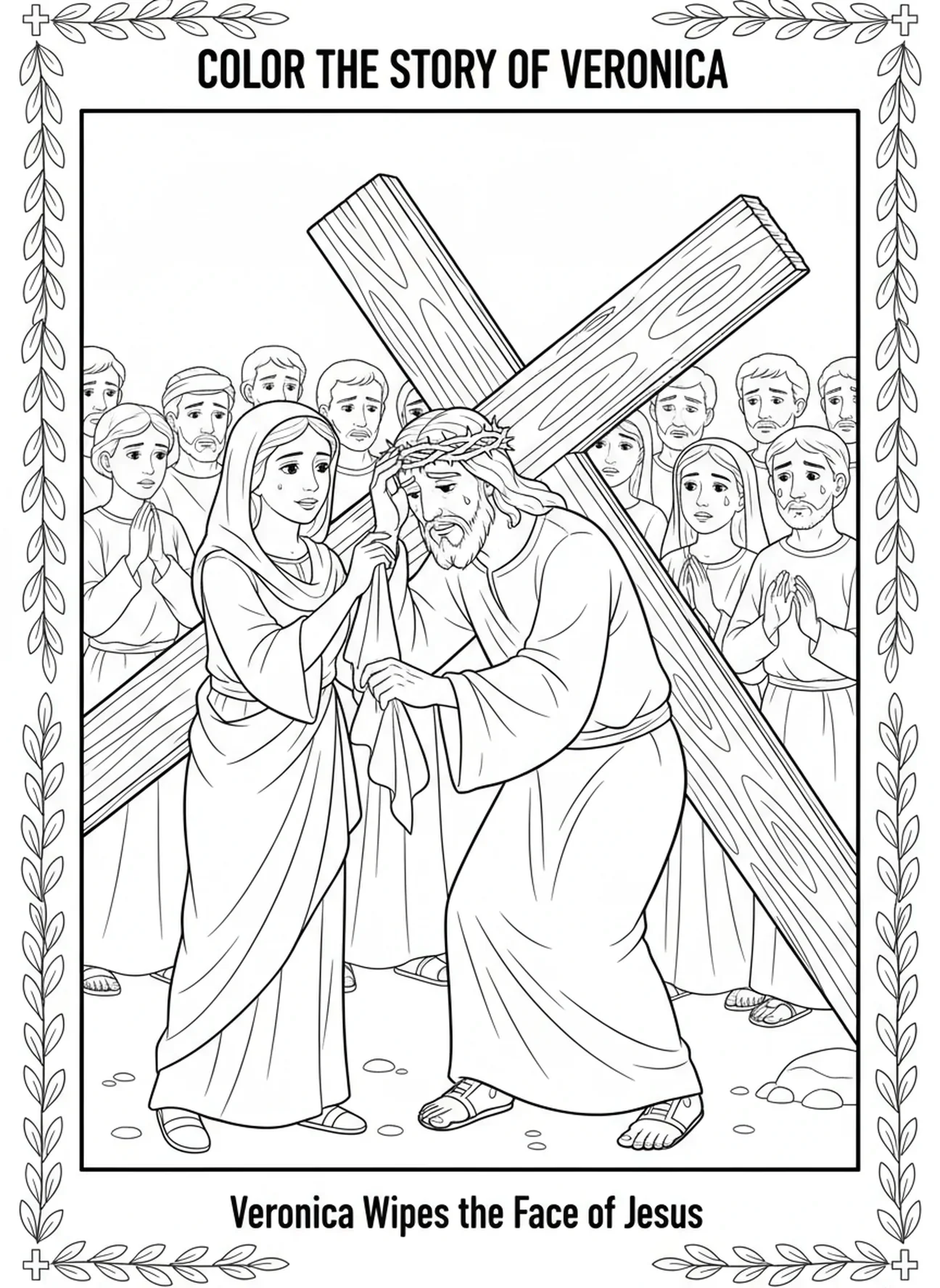 Veronica, die Jesus' Gesicht abwischt, Ausmalbild von Jesus, der das Kreuz trägt, für Kinder im Alter von 5-10 Jahren.