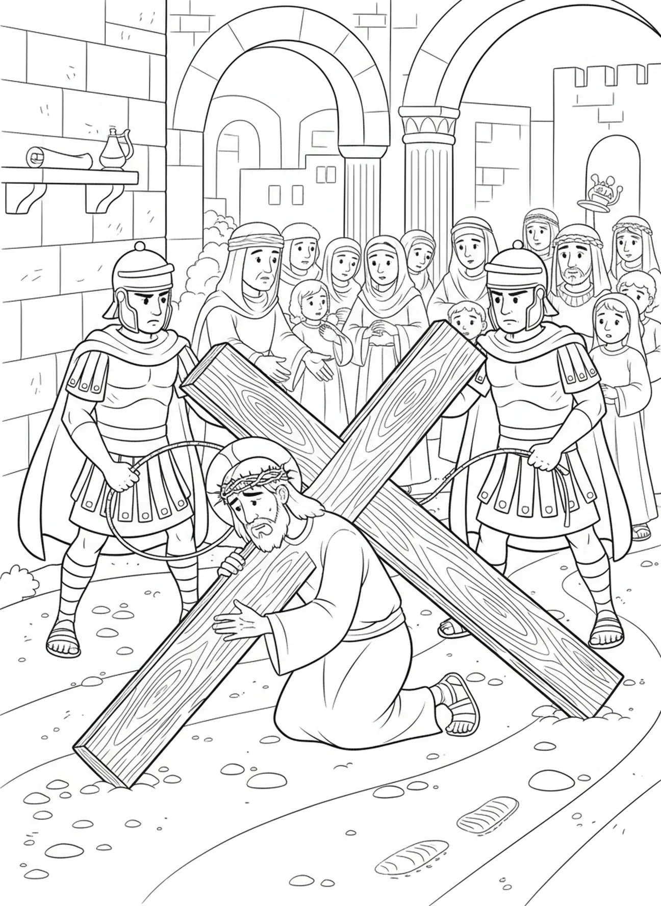 Jesus caindo sob a cruz, página para colorir Jesus Carregando a Cruz para crianças da Escola Dominical de 5 a 12 anos.