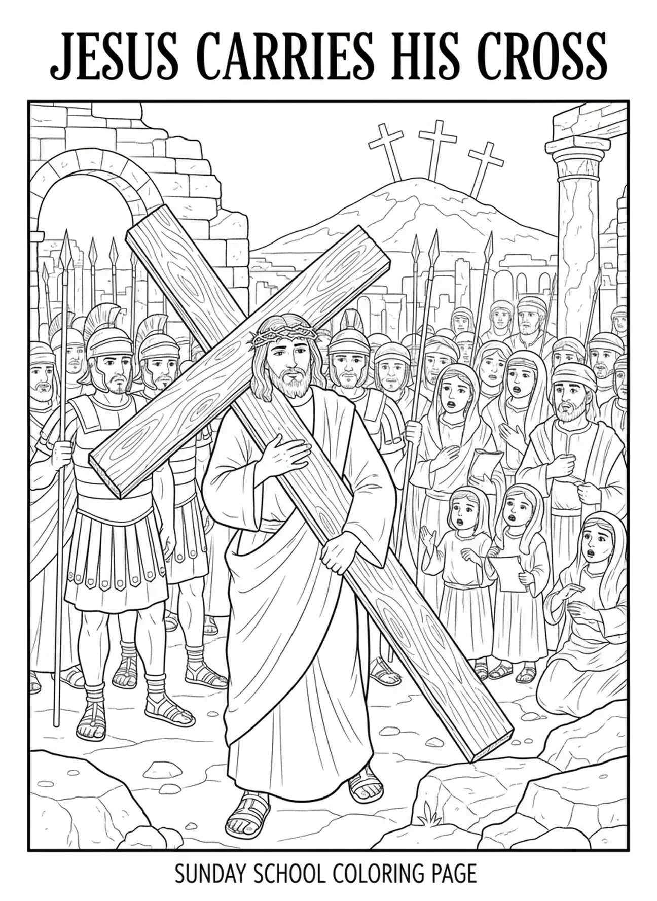 Jesus indo para Golgota, página de colorir de Jesus carregando a cruz para crianças da Escola Dominical de 5 a 12 anos.