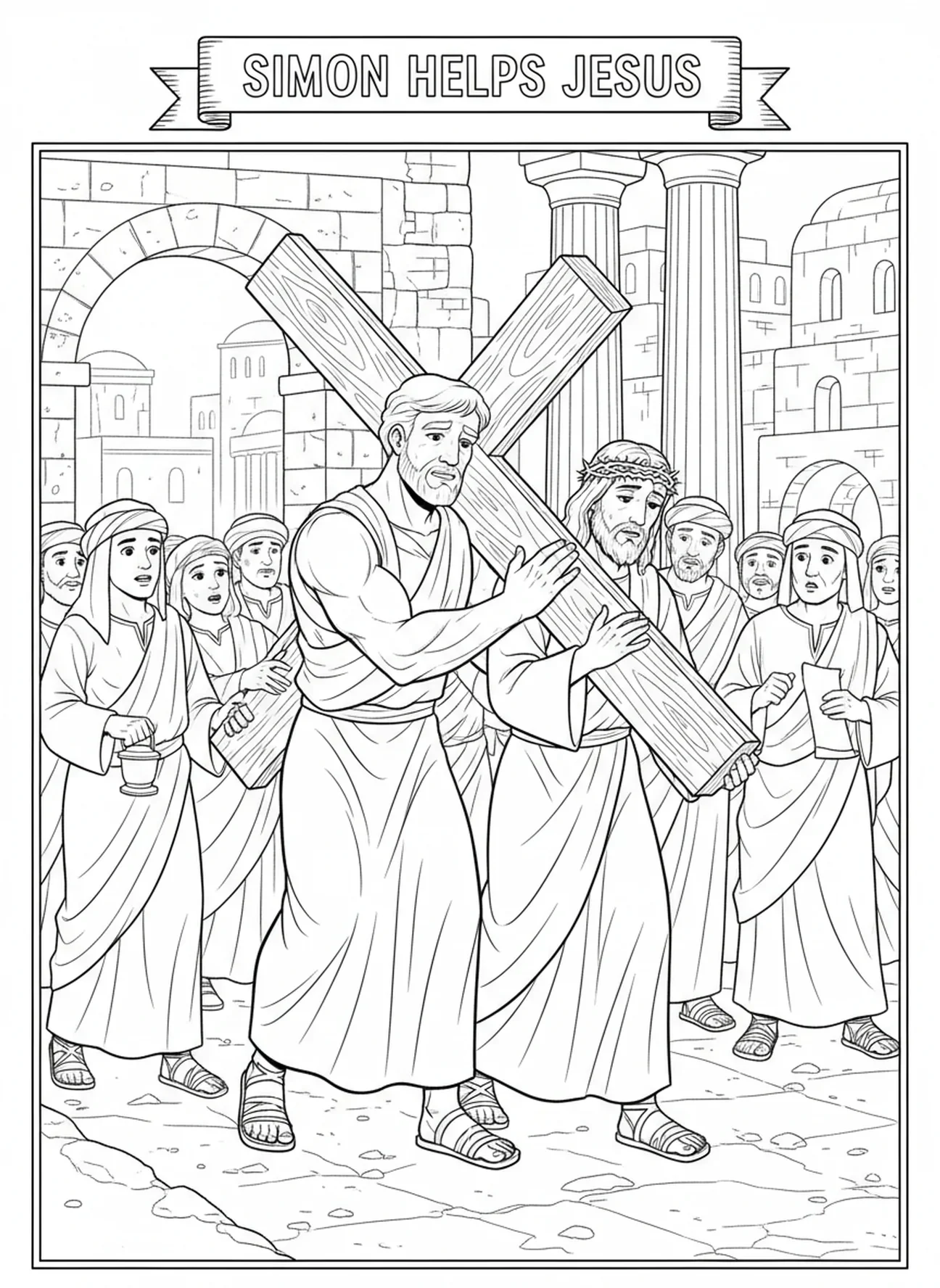 Simão ajudando Jesus, página para colorir de Jesus carregando a cruz para crianças da Escola Dominical de 5 a 12 anos.