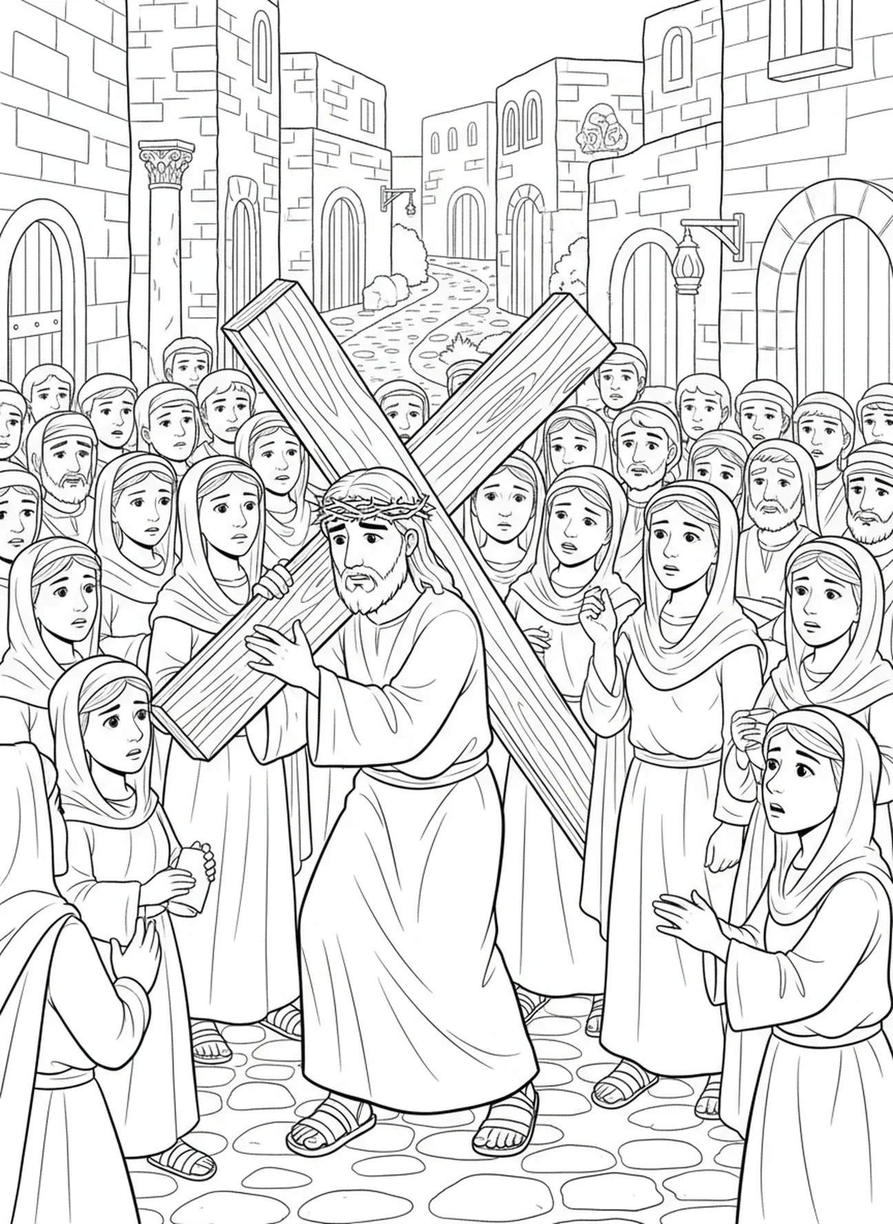 Multidão de pessoas assistindo, página para colorir Jesus Carregando a Cruz para crianças da Escola Dominical de 5 a 12 anos.