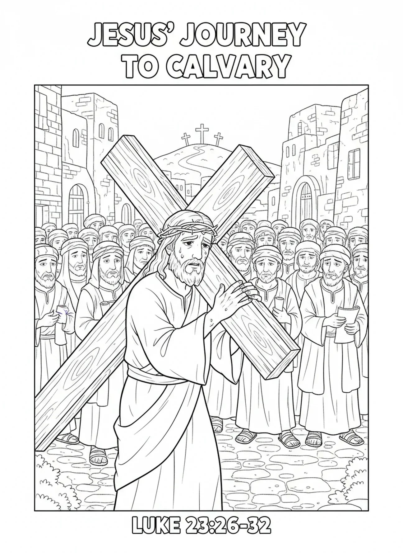 Jesus caminhando em direção ao Gólgota, página para colorir Jesus Carregando a Cruz para crianças da Escola Dominical de 5 a 12 anos.