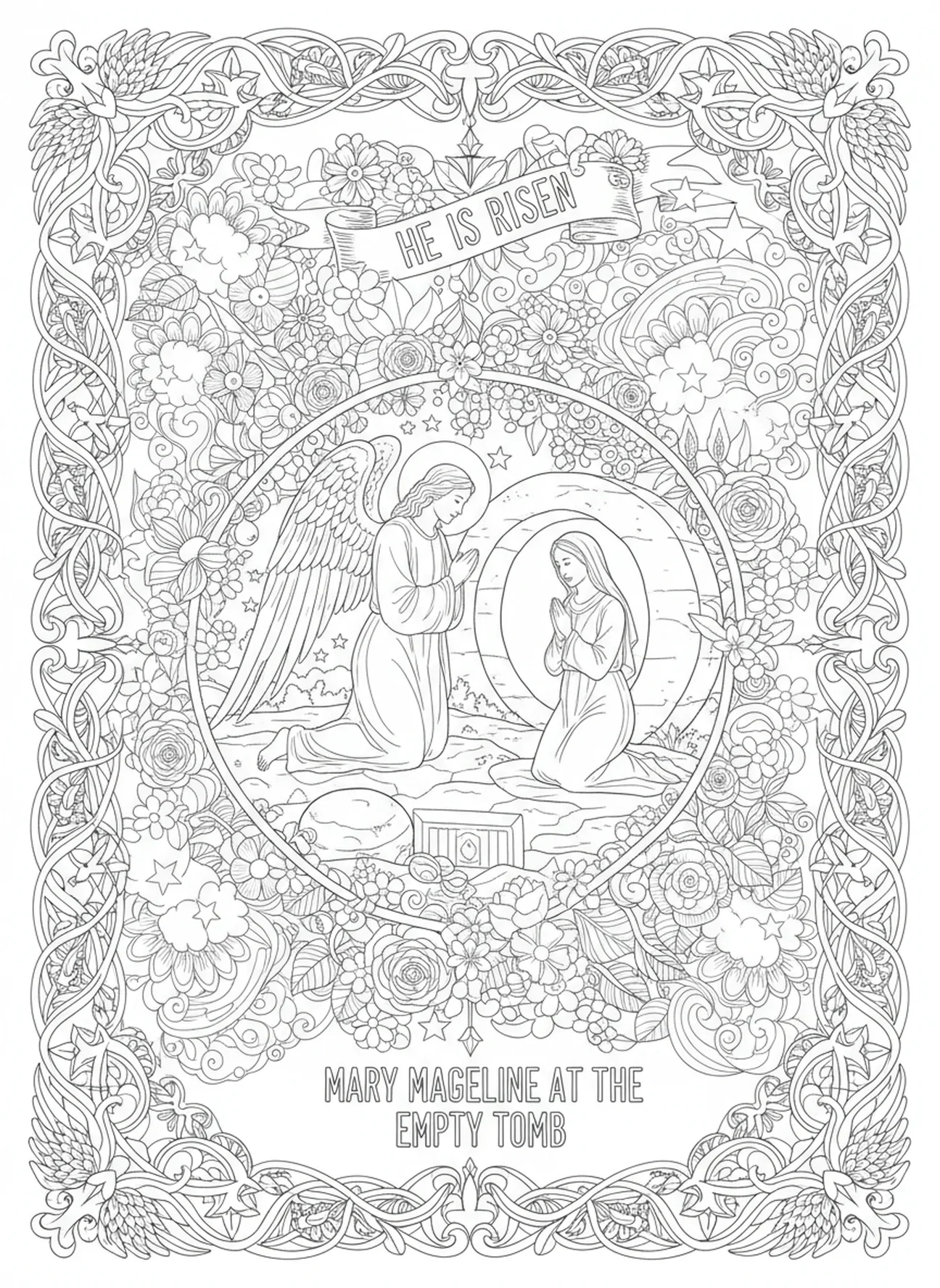 Anjo aparecendo para Maria Madalena, página de colorir sobre a Ressurreição de Jesus no estilo de journaling bíblico para adultos.