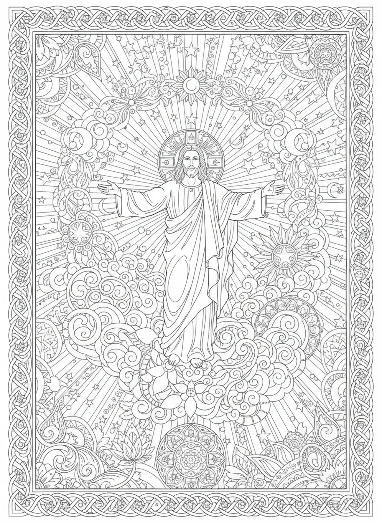 Jesus subindo ao céu, página de colorir da Ressurreição de Jesus para adultos no estilo de journaling bíblico.
