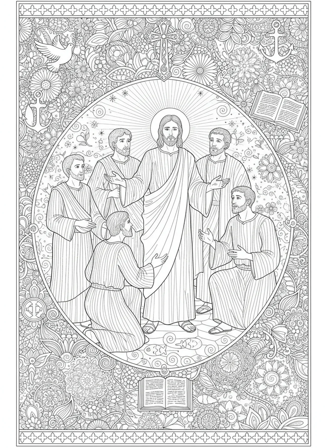 Discípulos encontrando Jesus ressuscitado, página para colorir sobre a Ressurreição de Jesus no estilo de journaling bíblico para adultos.