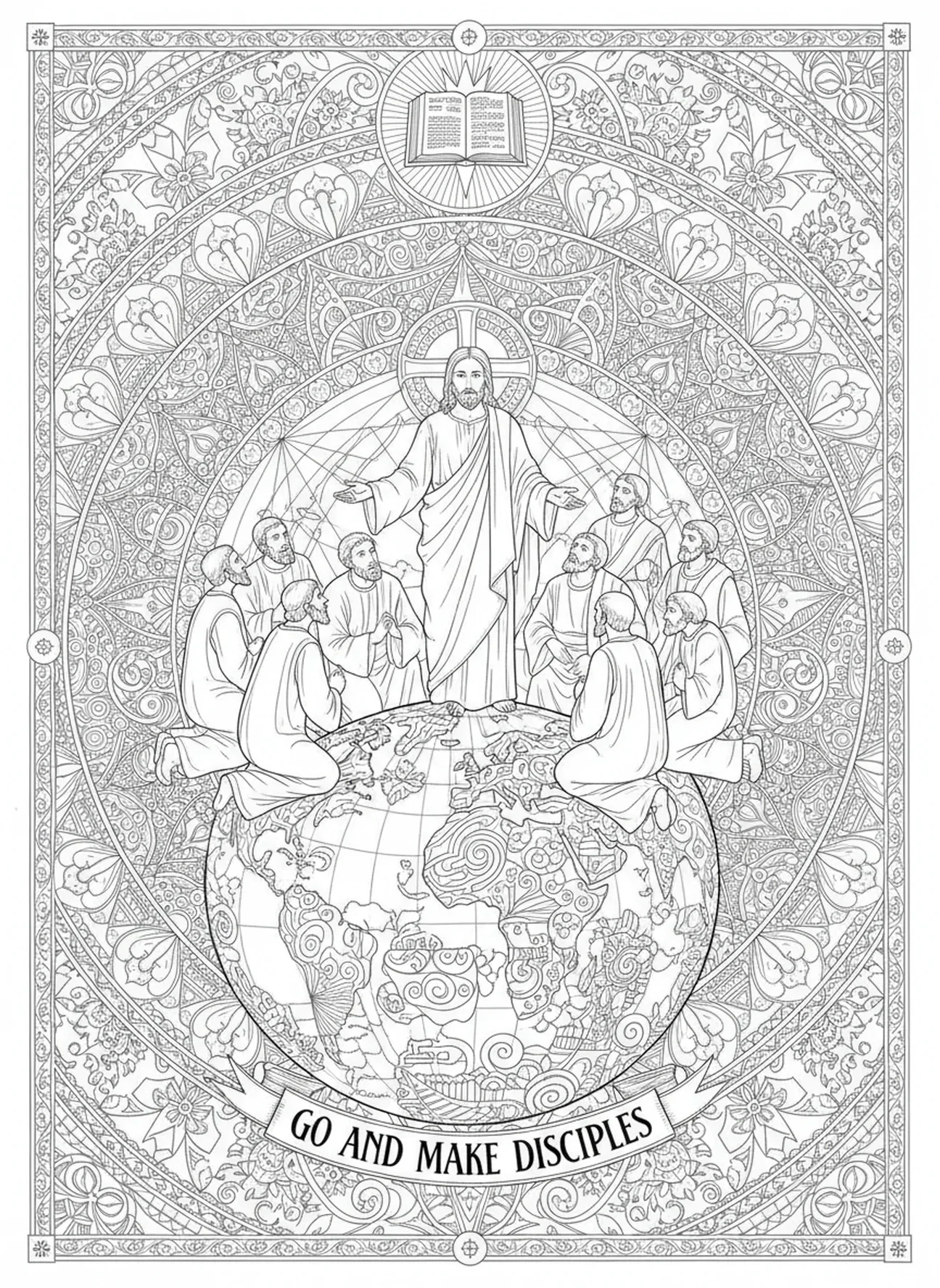 Jesus dando a Grande Comissão, página para colorir da Ressurreição de Jesus no estilo de journaling bíblico para adultos.