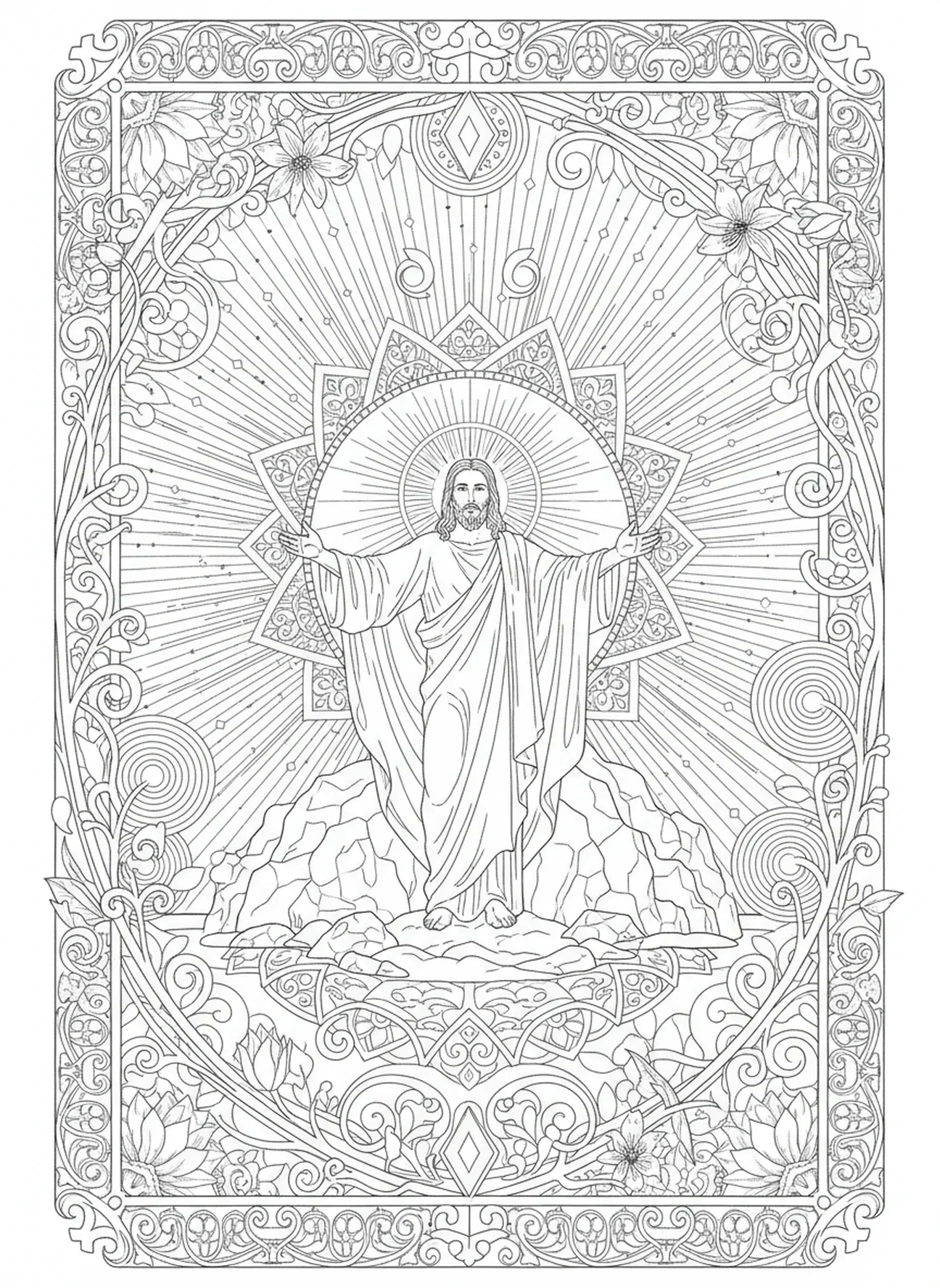 Jesus ressuscitado fora do túmulo, página de colorir sobre a Ressurreição de Jesus para adultos no estilo de journaling bíblico.