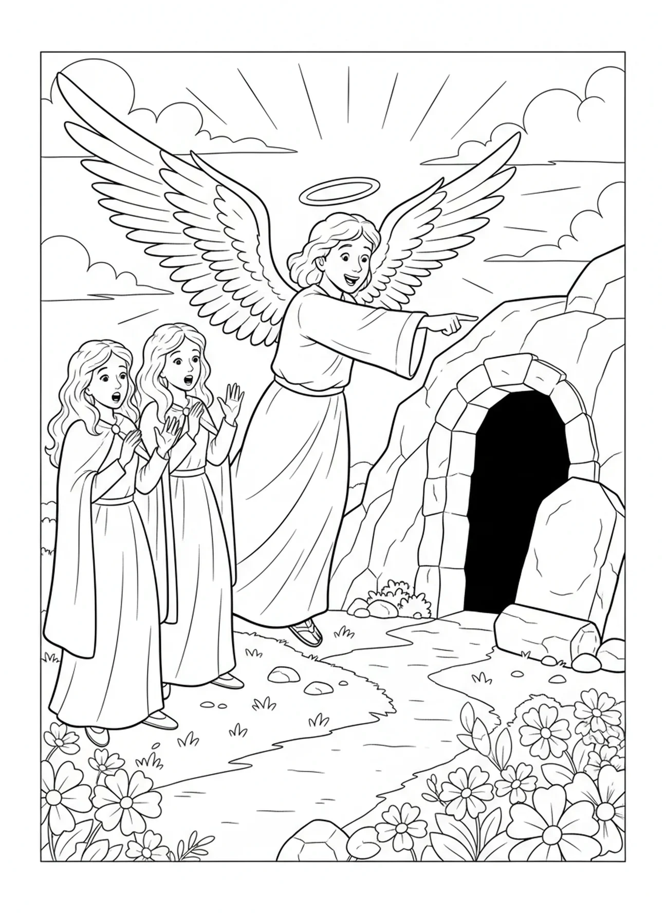 Lächelnder Engel, der zeigt, Ausmalbild zur Auferstehung Jesu für Kinder im Alter von 5-10 Jahren.