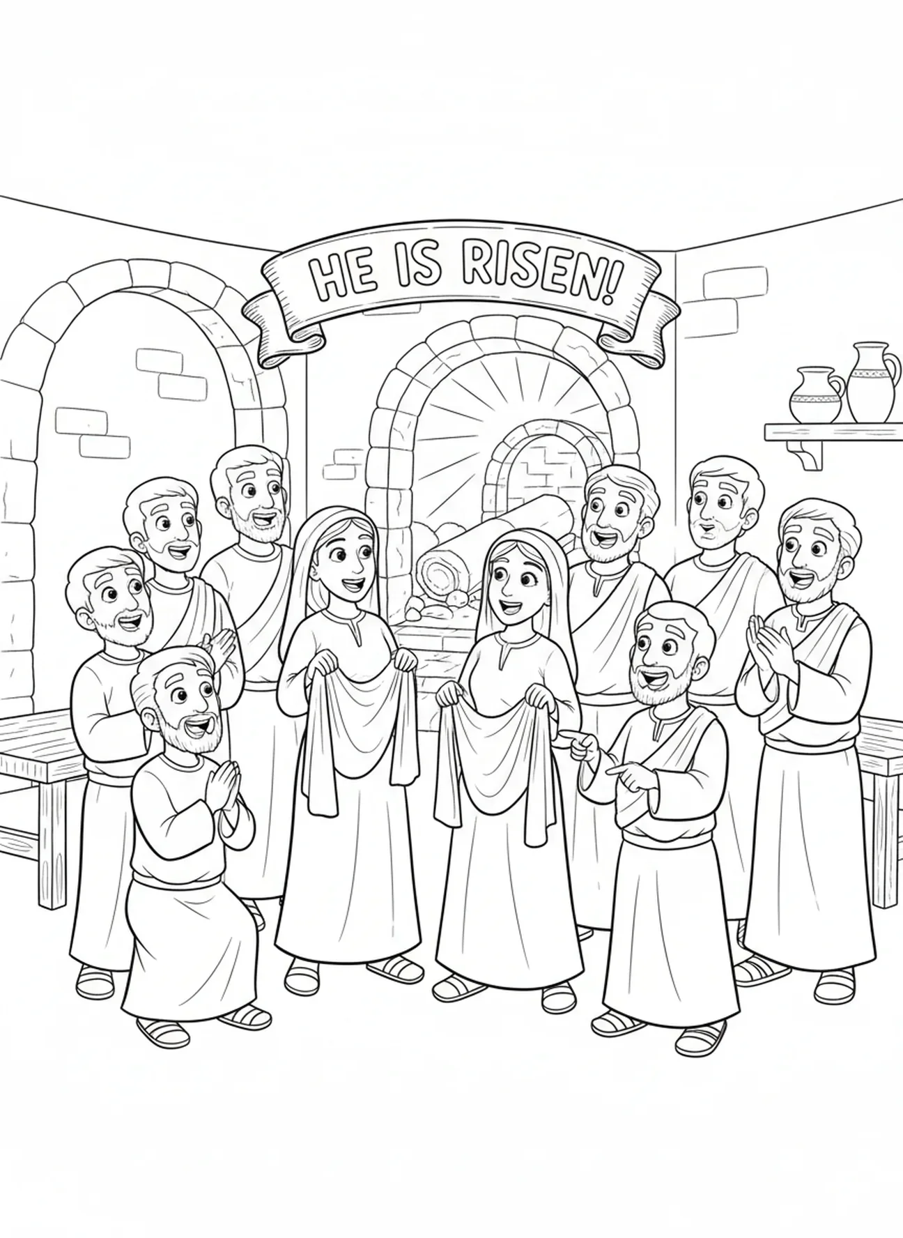 Überraschte Jünger hören zu, Ausmalbild zur Auferstehung Jesu für Kinder im Alter von 5-10 Jahren.