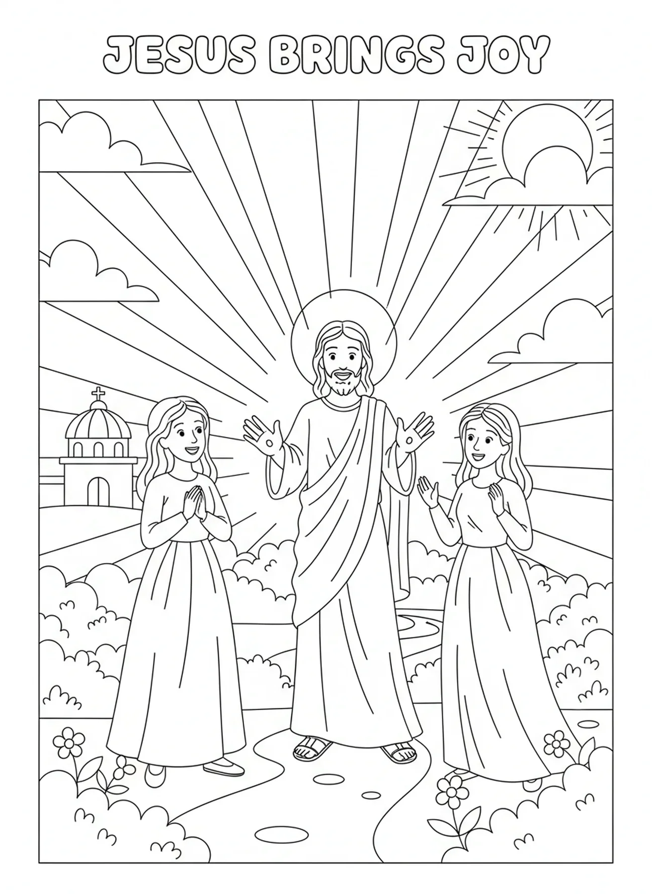Jesus begrüßt die Frauen, Ausmalbild zur Auferstehung Jesu für Kinder im Alter von 5-10 Jahren.