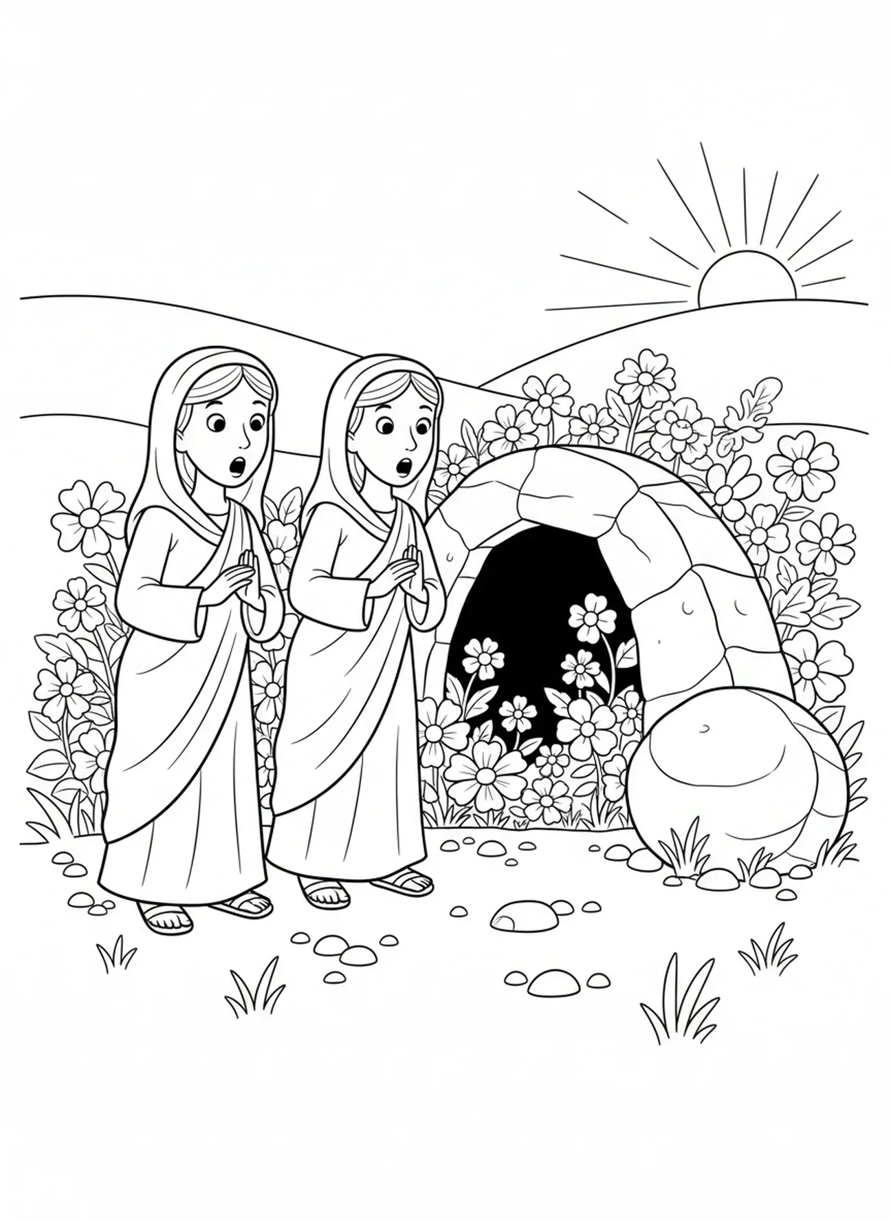 Zwei überraschte Frauen am leeren Grab, Ausmalbild zur Auferstehung Jesu für Kinder im Alter von 5-10 Jahren.