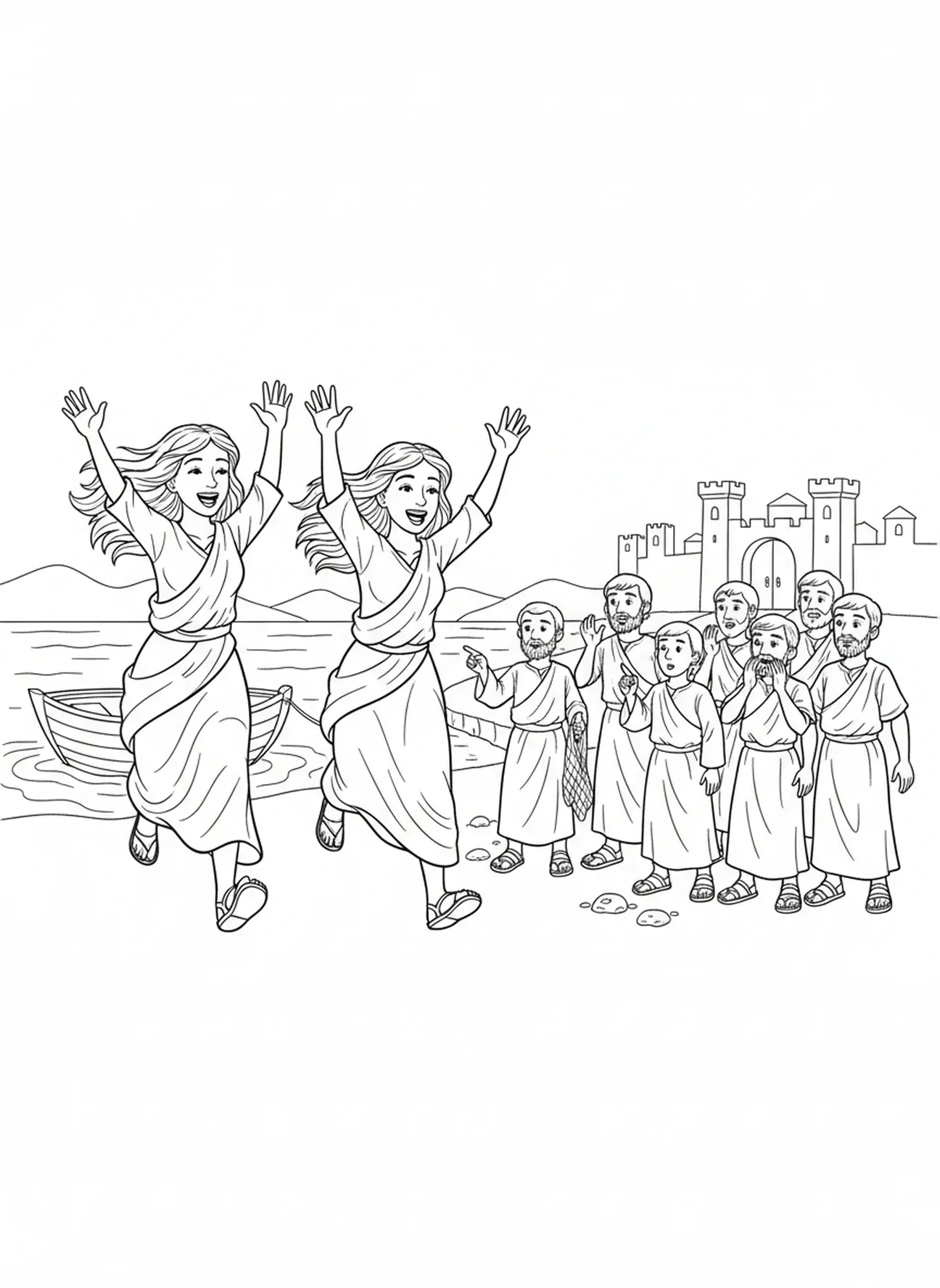 Frauen laufen aufgeregt, Ausmalbild zur Auferstehung Jesu für Kinder im Alter von 5-10 Jahren.