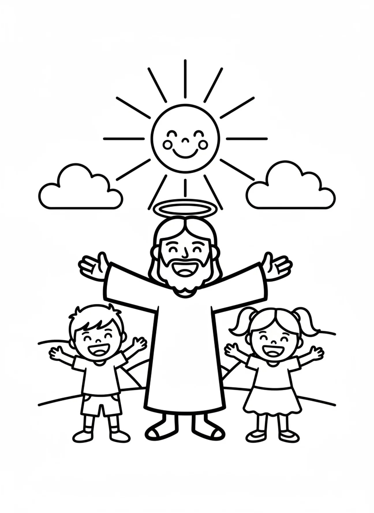 Lächelnder Jesus mit Freunden, Ausmalbild zur Auferstehung Jesu für Vorschulkinder im Alter von 3-5 Jahren.
