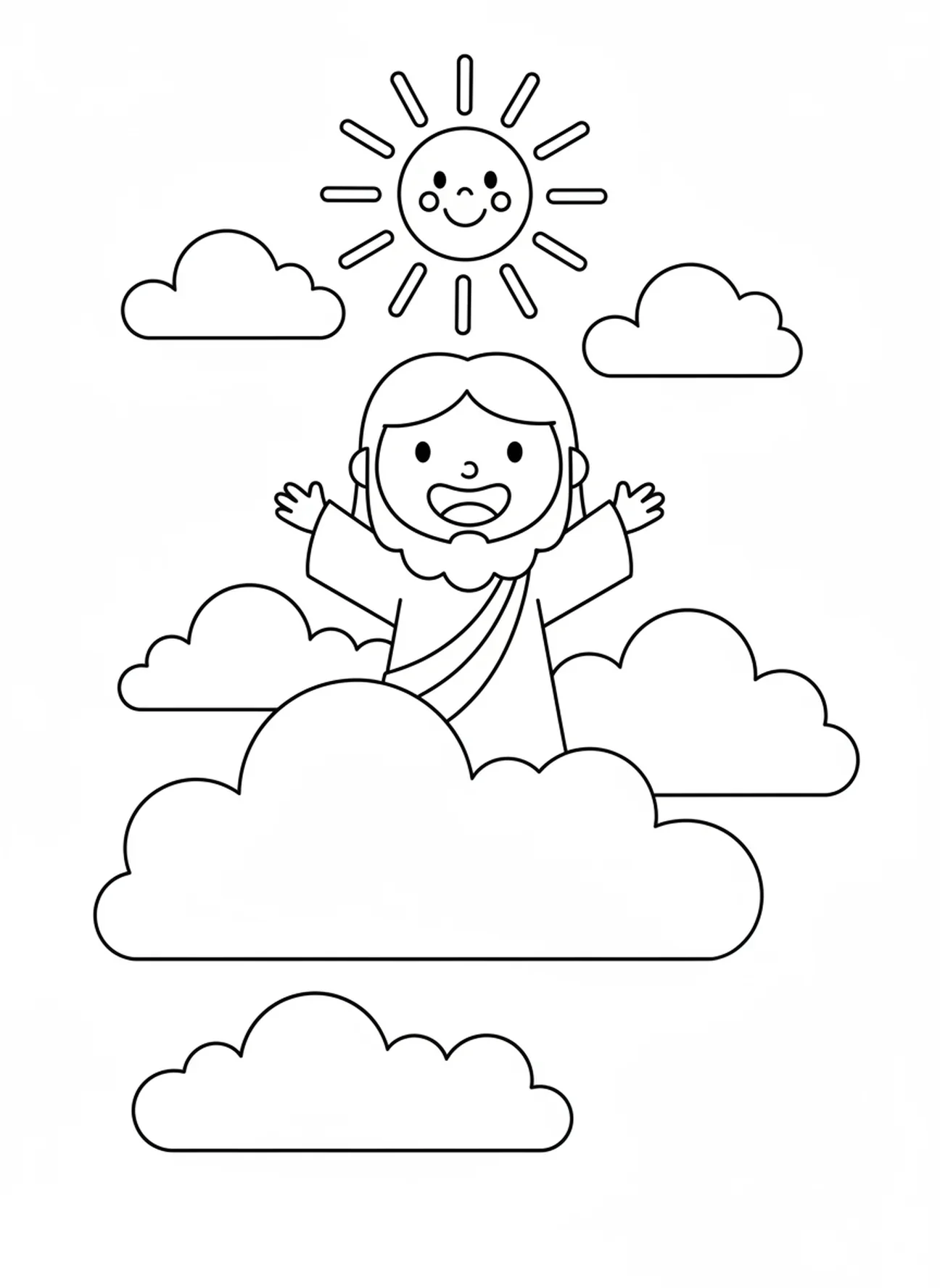 Lächelnder Jesus, der aufsteigt, Ausmalbild zur Auferstehung Jesu für Vorschulkinder im Alter von 3-5 Jahren.