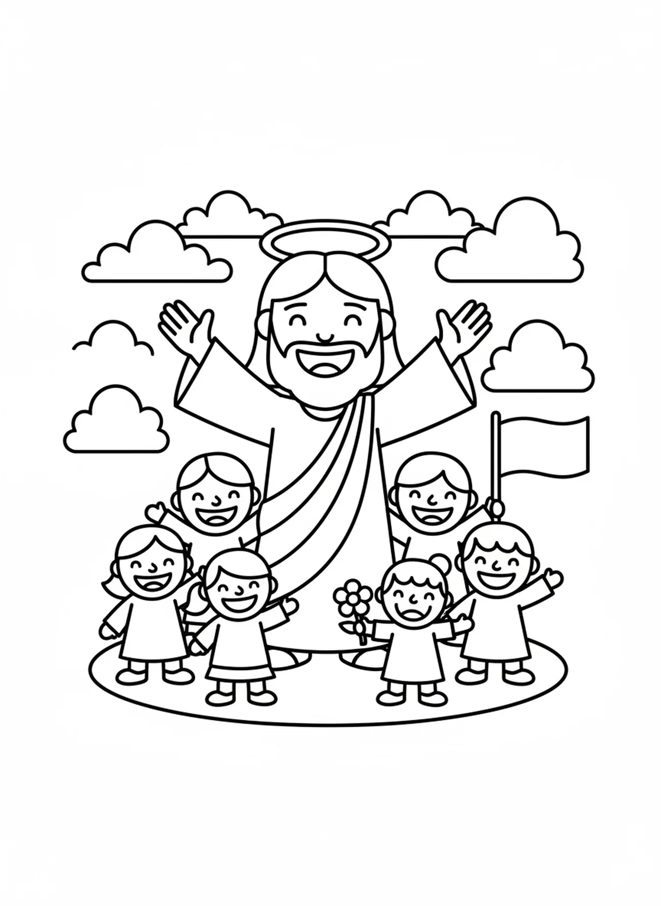 Lächelnder Jesus segnet seine Anhänger, Ausmalbild zur Auferstehung Jesu für Vorschulkinder im Alter von 3-5 Jahren.