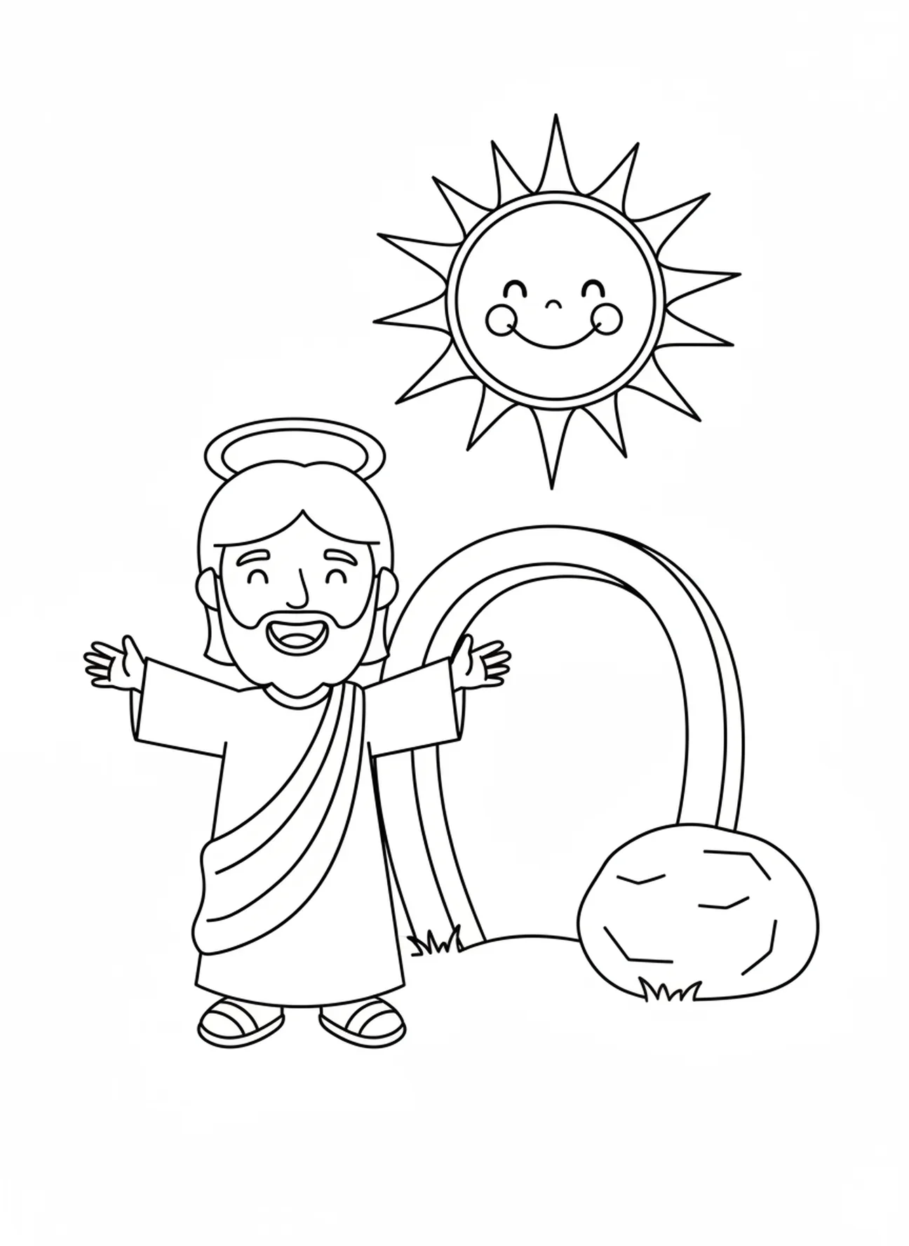 Lächelnder Jesus, Ausmalbild zur Auferstehung Jesu für Vorschulkinder im Alter von 3-5 Jahren.