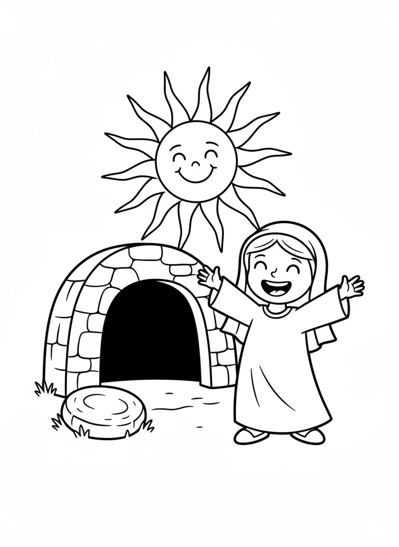 Lächelnde Maria, Ausmalbild zur Auferstehung Jesu für Vorschulkinder im Alter von 3-5 Jahren.