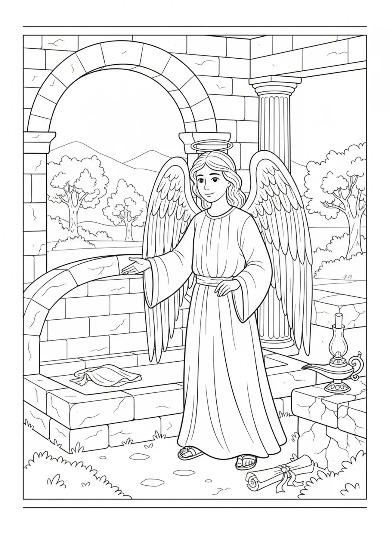 Ángel en la tumba vacía, página para colorear de la Resurrección de Jesús para niños de Escuela Dominical de 5 a 12 años.
