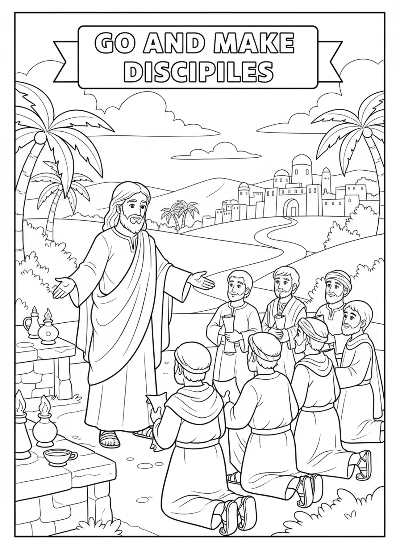 Jesús dando la Gran Comisión, página para colorear de la Resurrección de Jesús para niños de Escuela Dominical de 5 a 12 años.